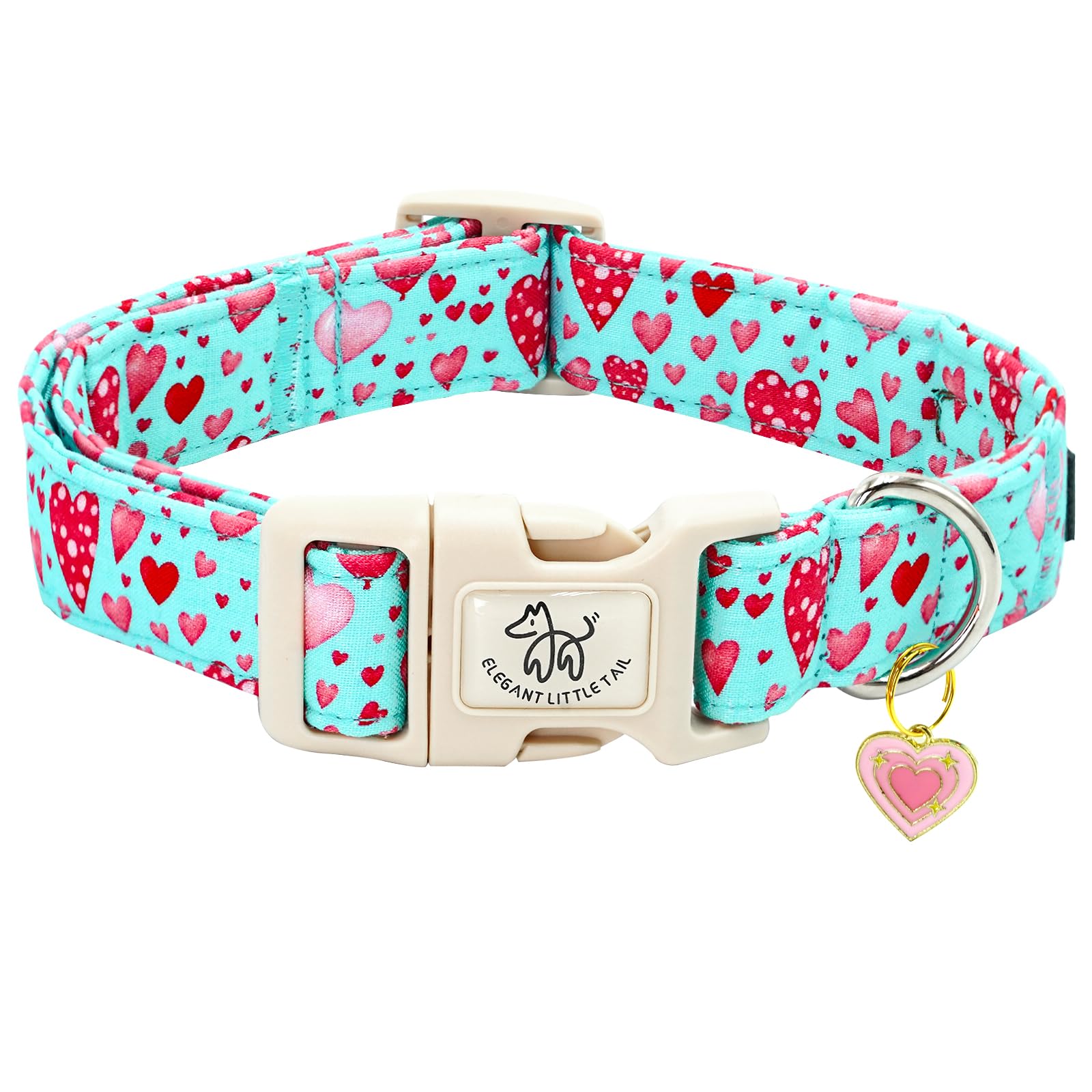 Elegant Little Tail Valentine'S Dog Collar, Pink Heart Dog Collar For Medium Dogs, Female Or Male Adjustable Cotton Pet Collar W