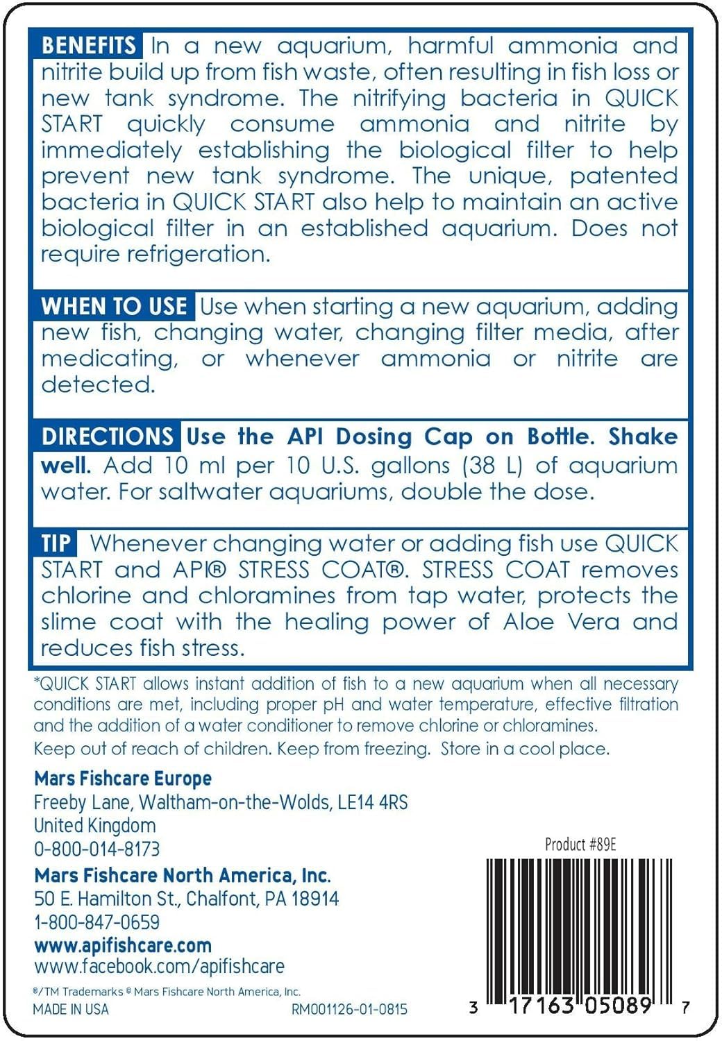 (2) API Quick Start 16oz Bottles for Freshwater and Saltwater Aquariums.