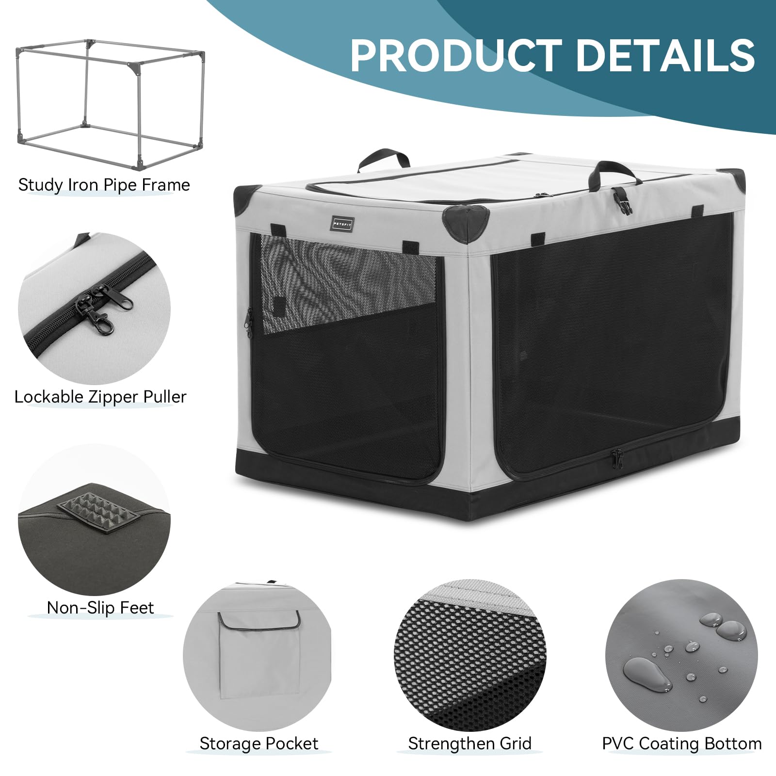 PETSFIT Soft Sided Dog Crate, with Patented Adjustable Fabric Cover, Chewproof & Lockable Mesh Doors, Waterproof Base Kennel Ind