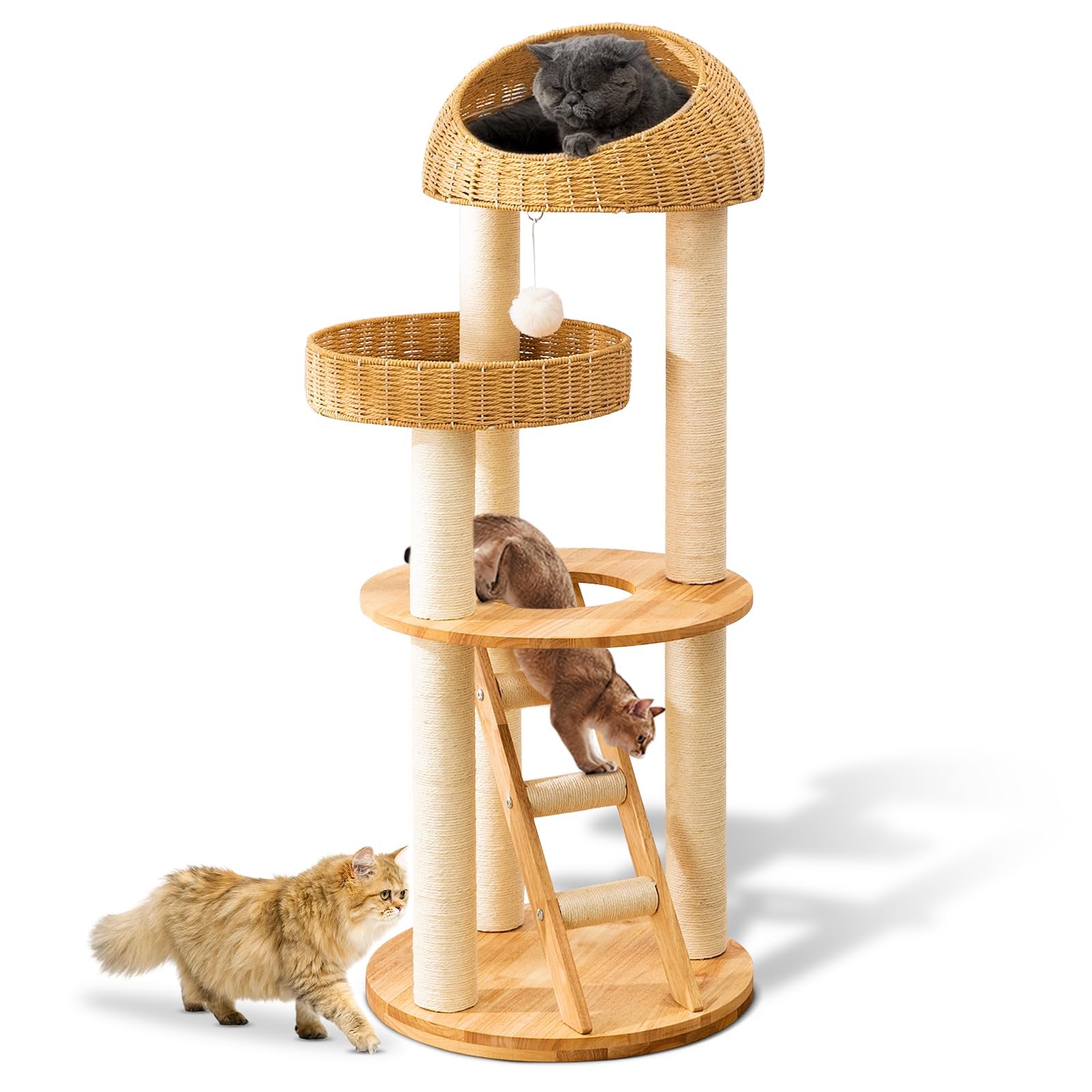 Big Modern Design Cat Tree Tower, Cat Tower Sisal-Covered Scratching Posts For Indoor Cats, Natural Oak Wood Cat Tree For Large 