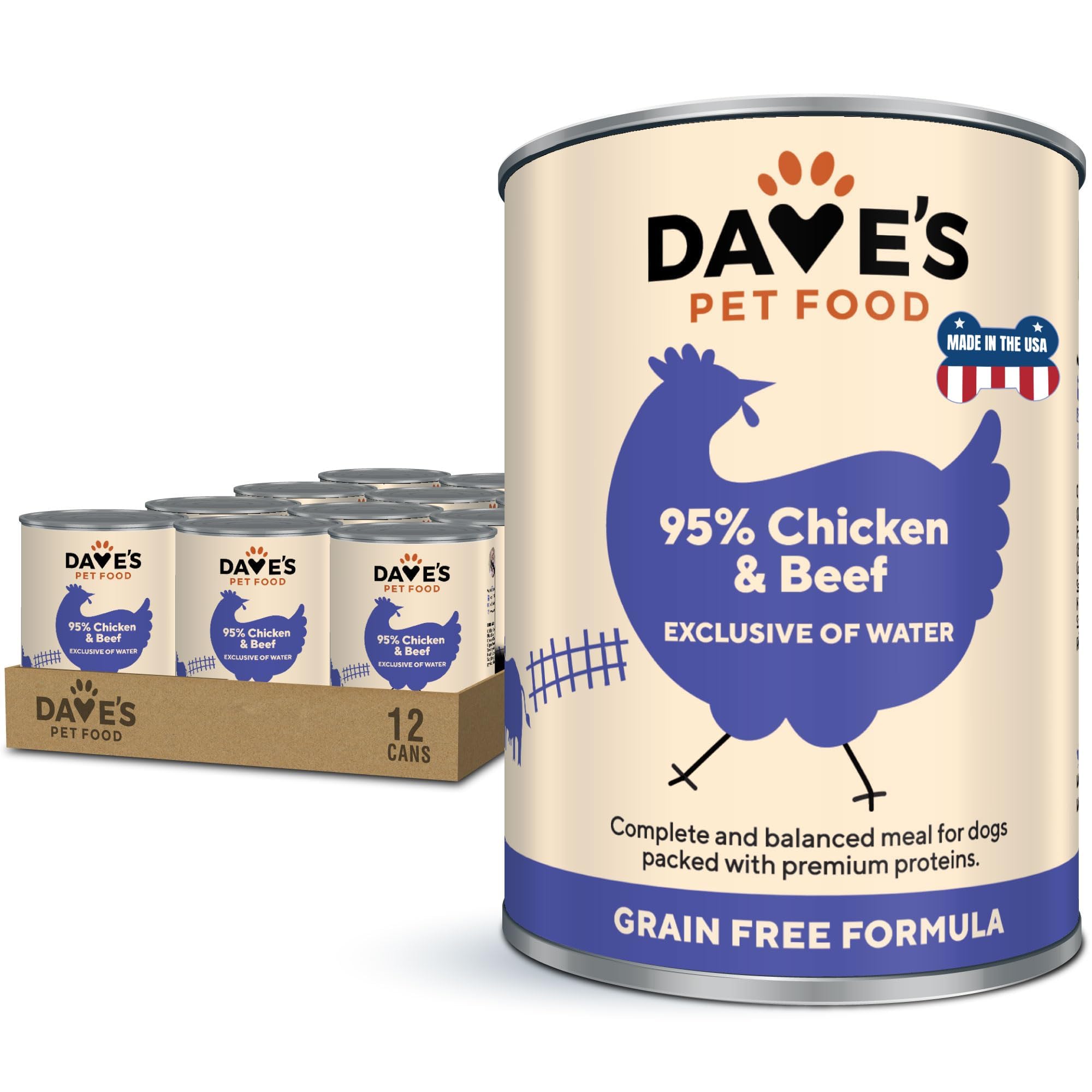 Daves Pet Food Grain Free Wet Dog Food (95% Chicken & Beef), Made in USA, Limited Ingredients, Added Vitamins & Minerals, 12.5 