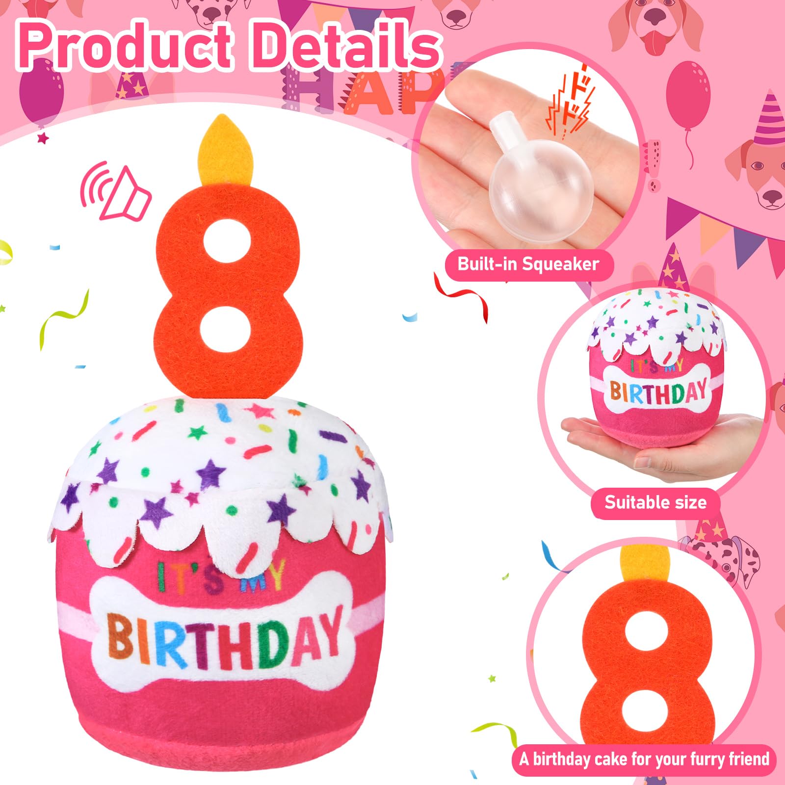 Dansydaisy Dog 8Th Birthday Cake Toy Accessories For Girl Boy Gifts, Pink Squeaky Plush Toy For Dog Birthday Party Decor Favor F