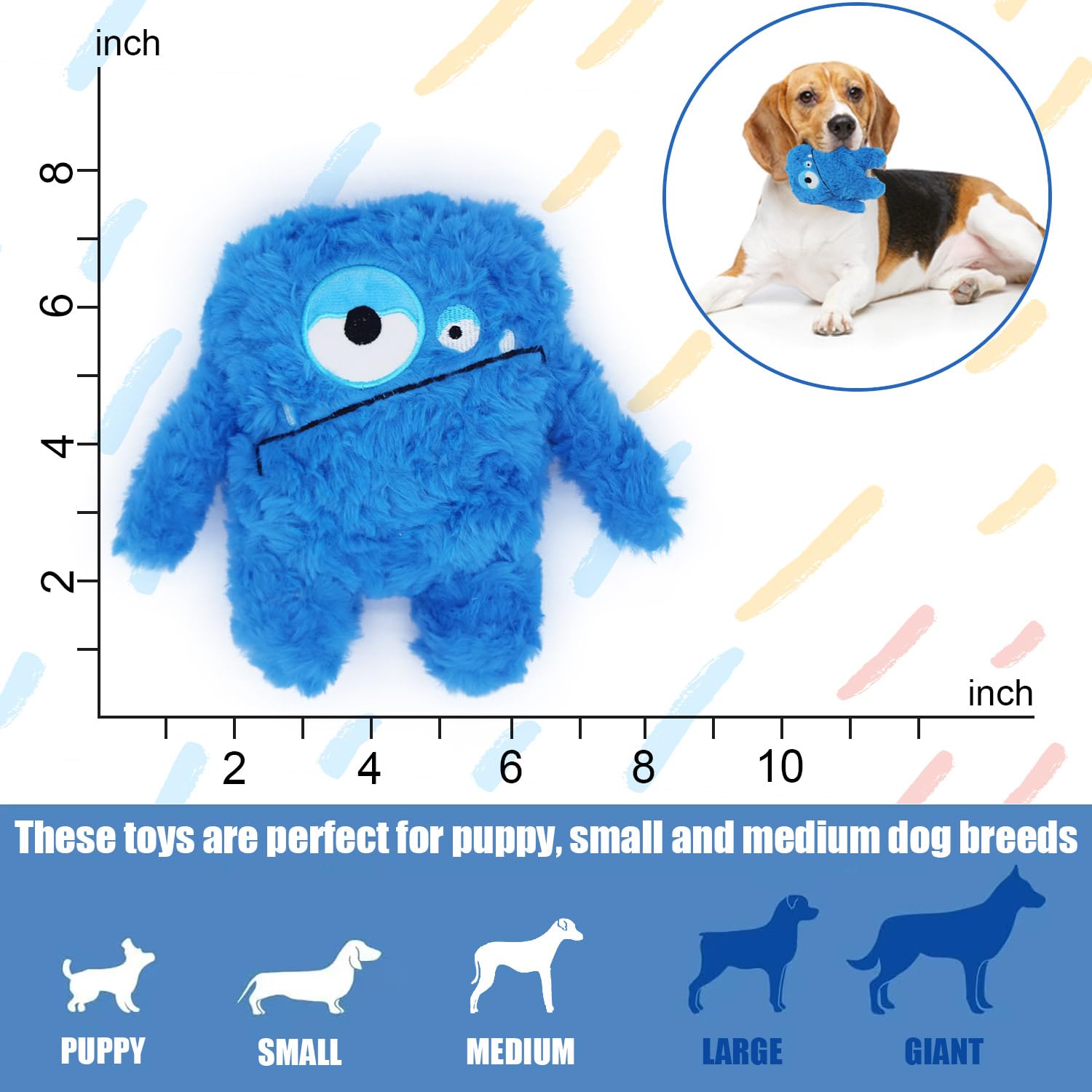 HUGEME Plush Squeaky Dog Toy - Crinkle Chew Toy for Small to Large Dogs, Blue, Model Mon-1-1