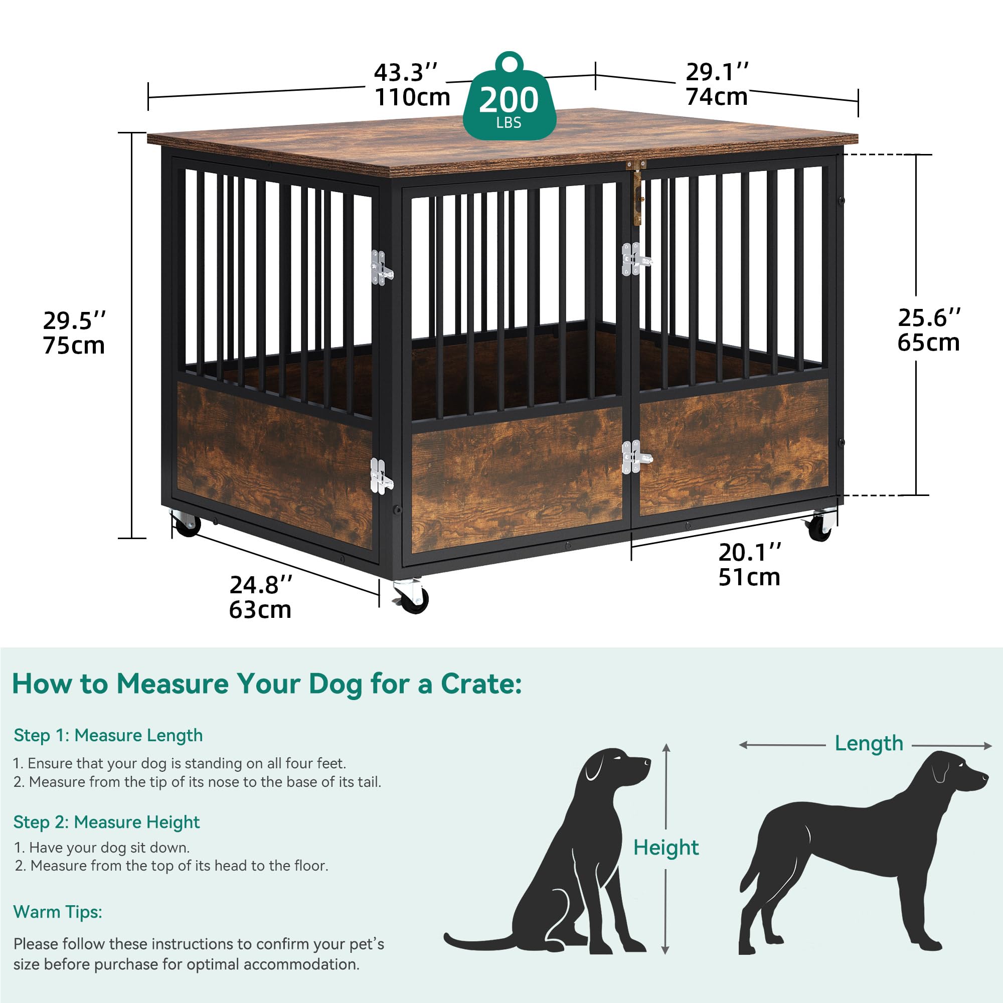 YITAHOME 43 Dog Crate Furniture with Wheels, Wooden Side End Table, Double-Doors Dog Kennel Indoor for Small/Medium/Large Dogs,