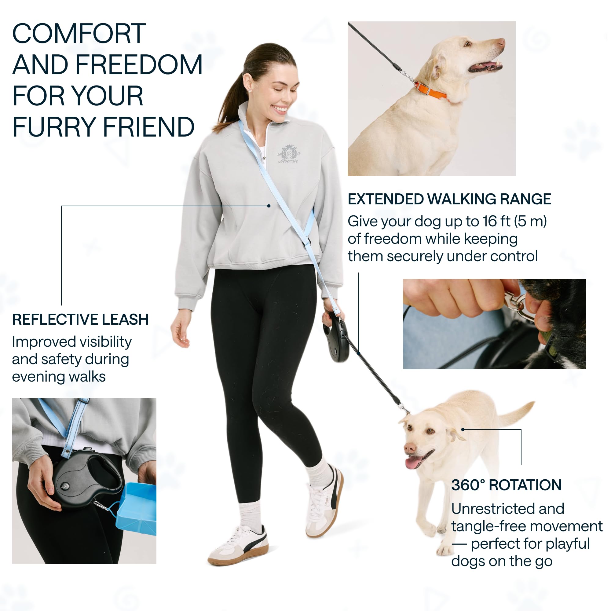 Long Retractable Dog Leash For Medium Dogs Up To 44 Lbs, 17 Ft - No Free, Strong Nylon Tape, Heavy Duty, One-Handed Brake, Pause