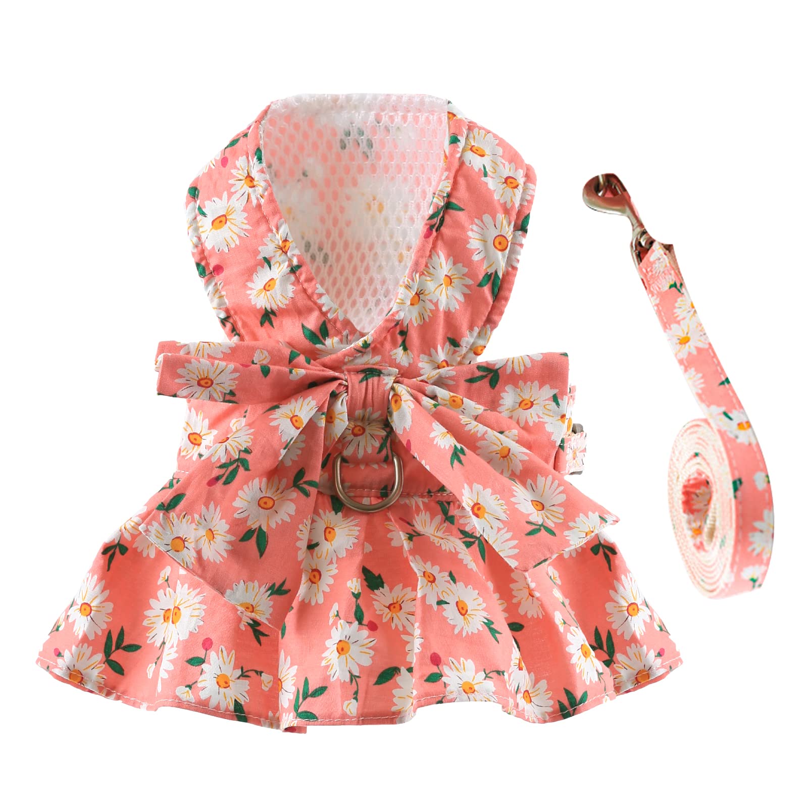 Baejmjk Dog Dress Bowknot Harness Leash Set For Small Dogs Cats Daisy Floral Girl Dog Dresses Cute Puppy Princess Clothes Pet Do
