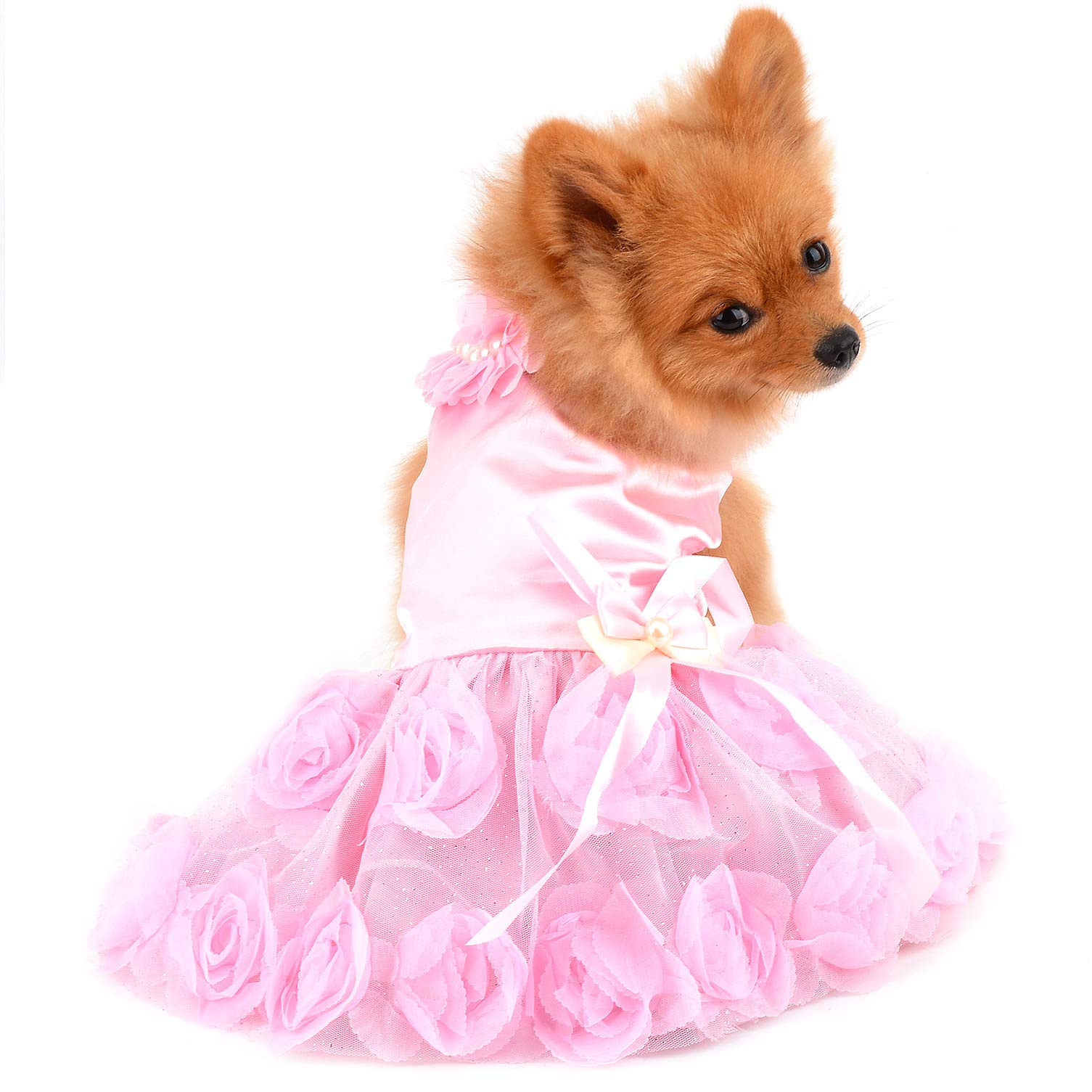 Paideful Pet Dress For Small Dog Girls Luxury Puppy Wedding Dress Rose Flower Lace Tutu Skirt Silky Bow Birthday Party Dog Clothes,Pink,Size Xs