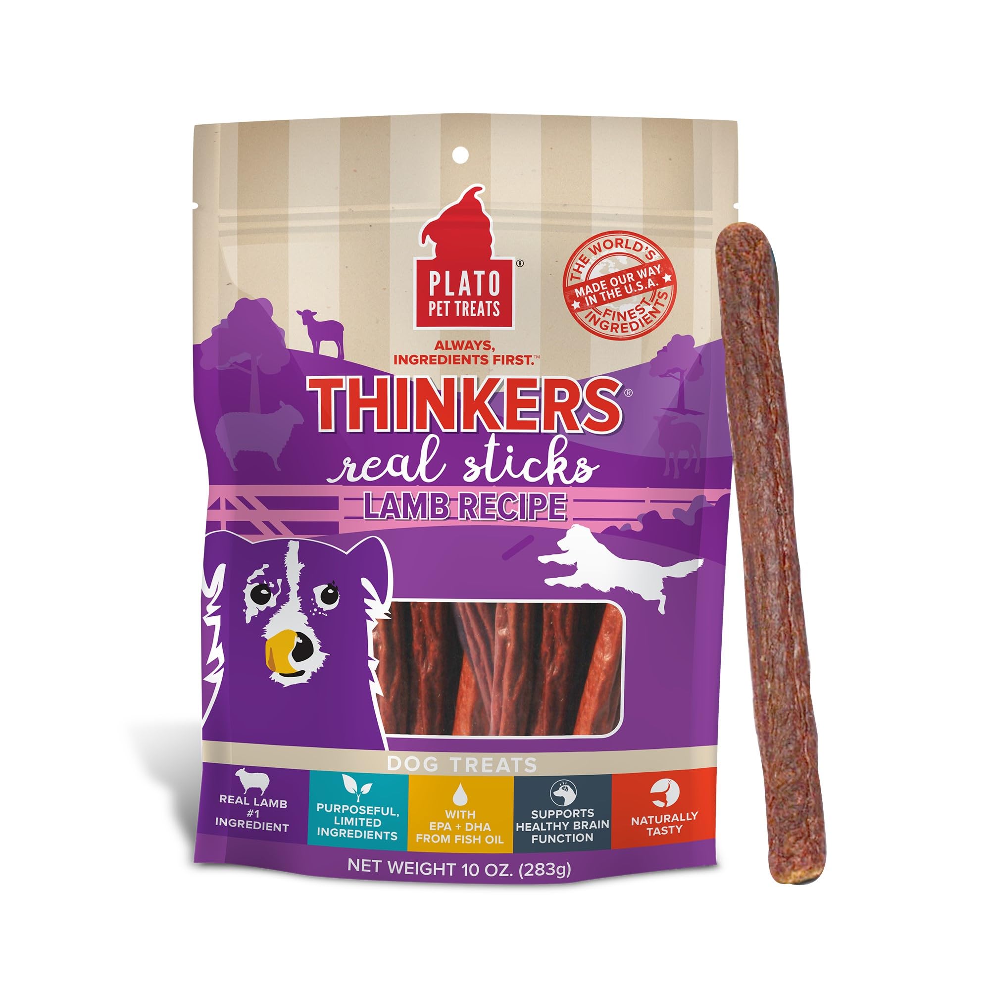 Plato Pet Treats Thinkers - Meat Stick Treats for Dogs - Limited Ingredient Dog Treats with EPA and DHA to Support Skin, Coat, a