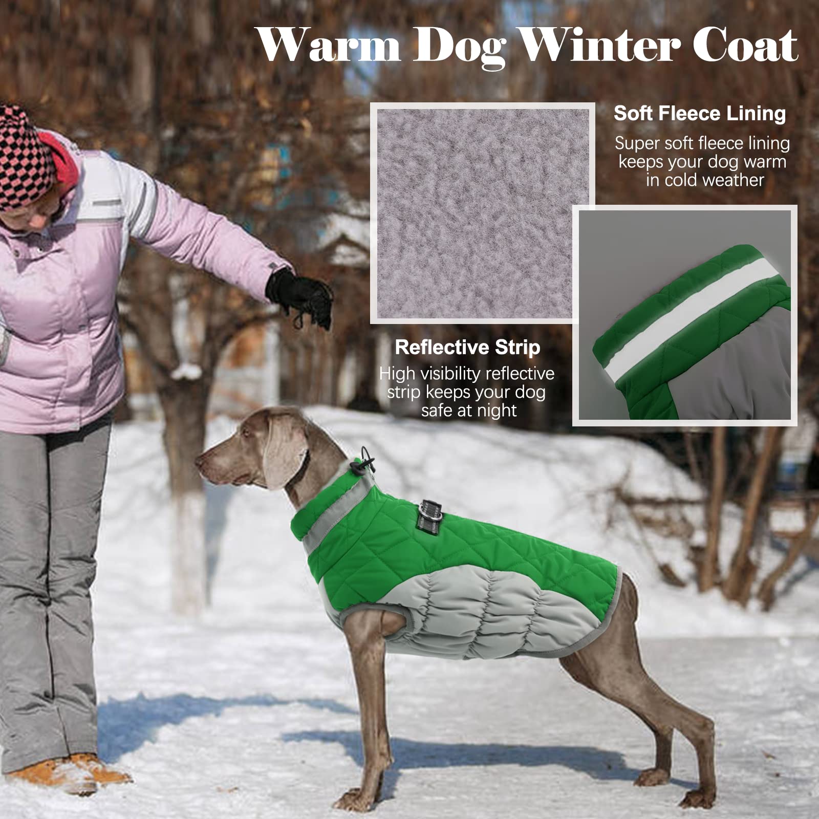 Lelepet Warm Dog Winter Coat, Waterproof, Fleece, Green, X-Small, Turtle Neck, Adjustable, Windproof, For All Breed Sizes