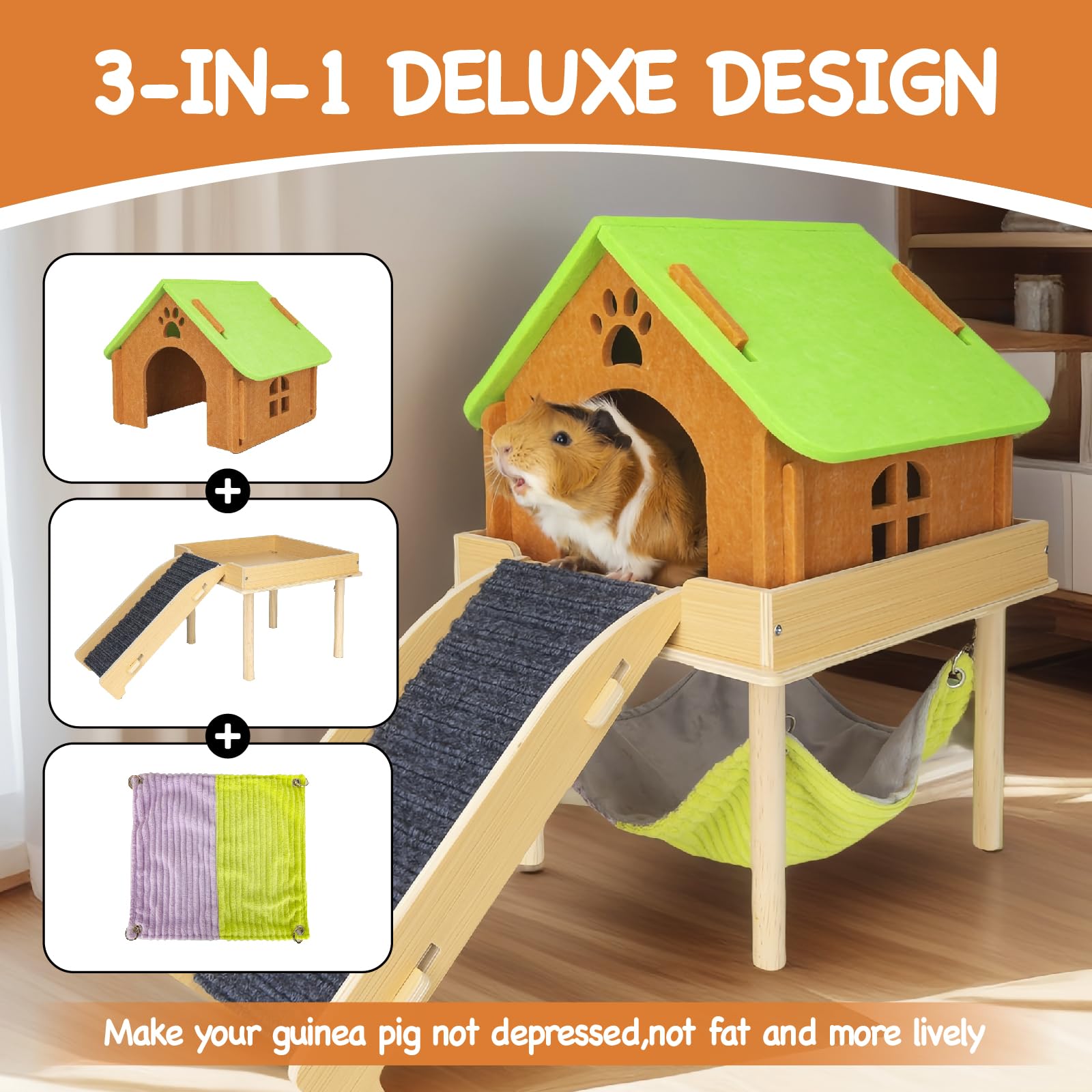 Besnew 3 In 1 Enlarged Guinea Pig Hammock With House & Platform,Wooden Guinea Pig Hideout With Hammock & Stairs Small Animal Toy