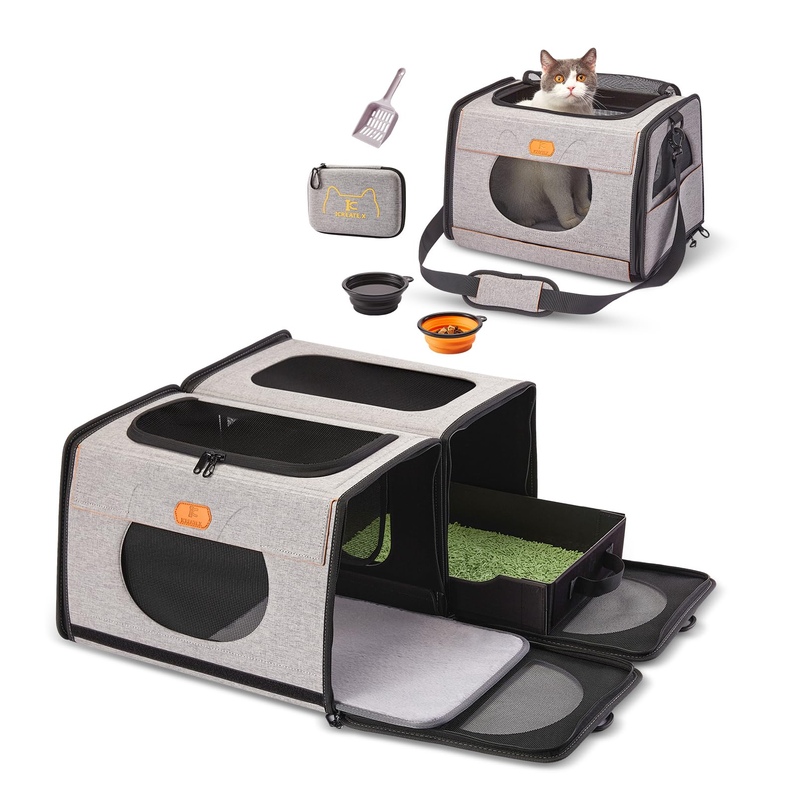Ic Icreate.X Large Cat Carrier With Litter Box For Car Travel, Pet Carrier Bag 2-In-1,Double Cat Travel Transport Carrier For Lo