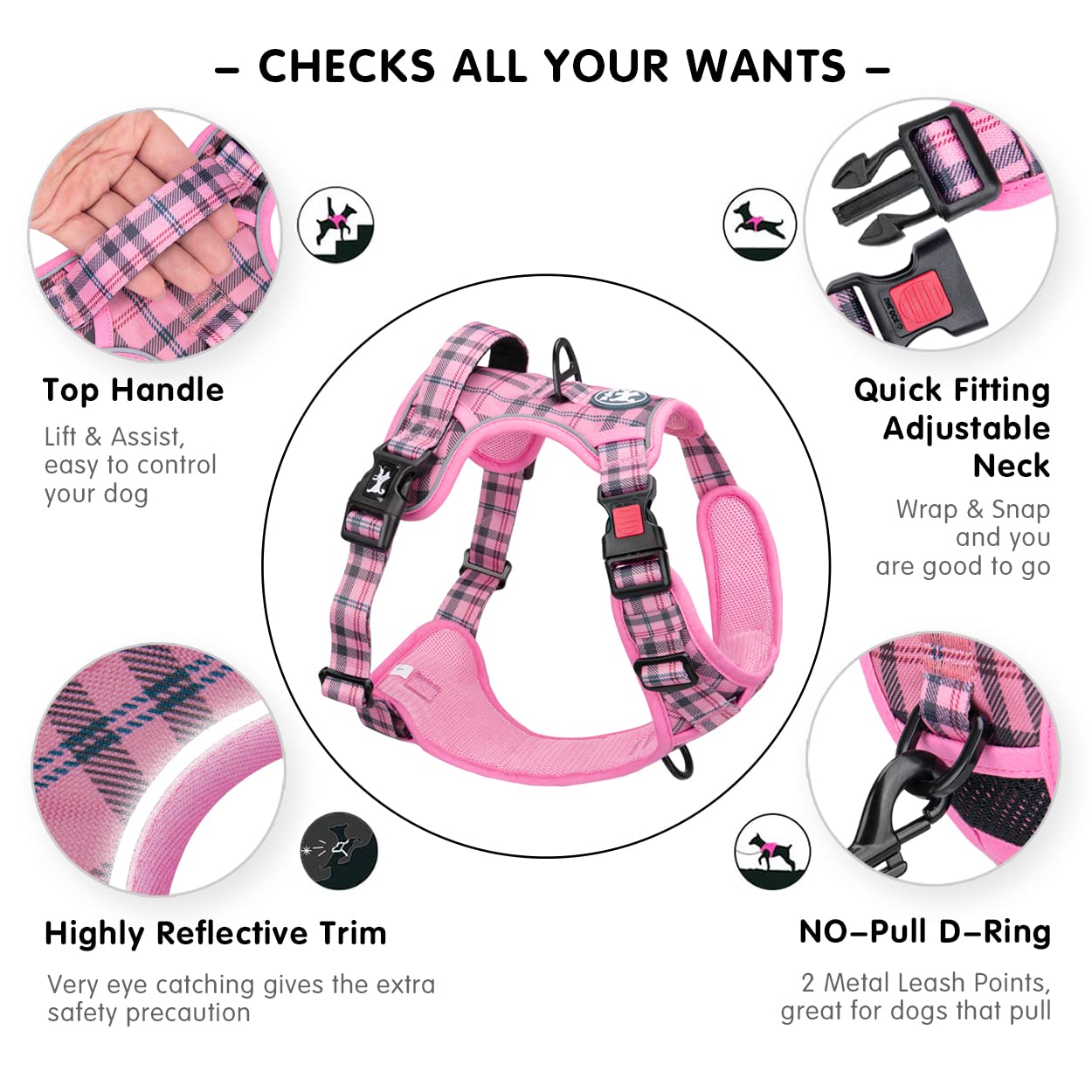 Poypet No Pull Dog Harness, [Release At Neck] Reflective Adjustable No Choke Pet Vest With Front & Back 2 Leash Attachments, Soft Control Training Handle For Small Medium Large Dogs(Checkered Pink,Xs)