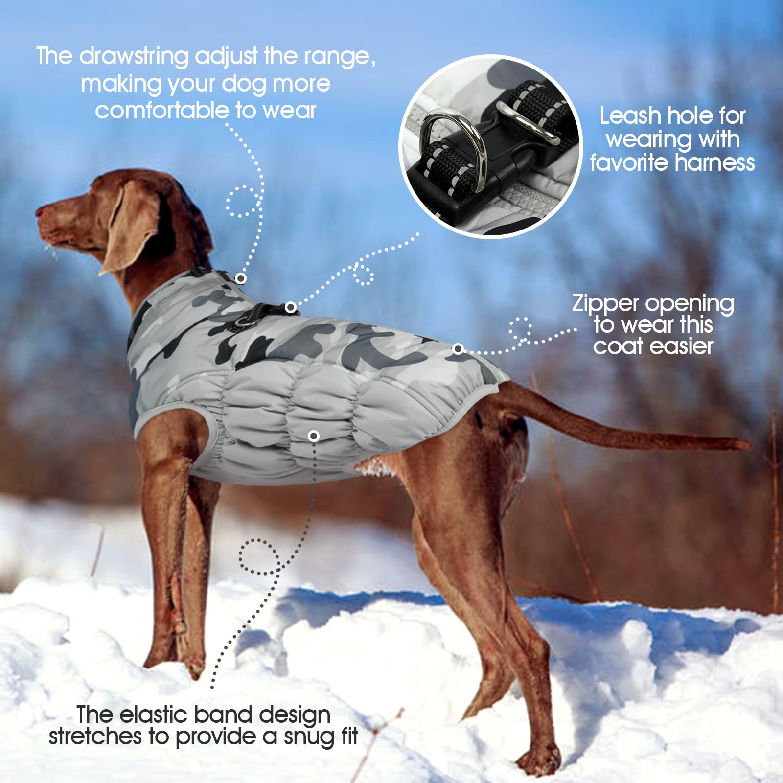 Fuamey Dog Winter Jacket, Padded Dog Vest With Built-In Harness, Water Resistant Coat, Grey Camo, S, M, L