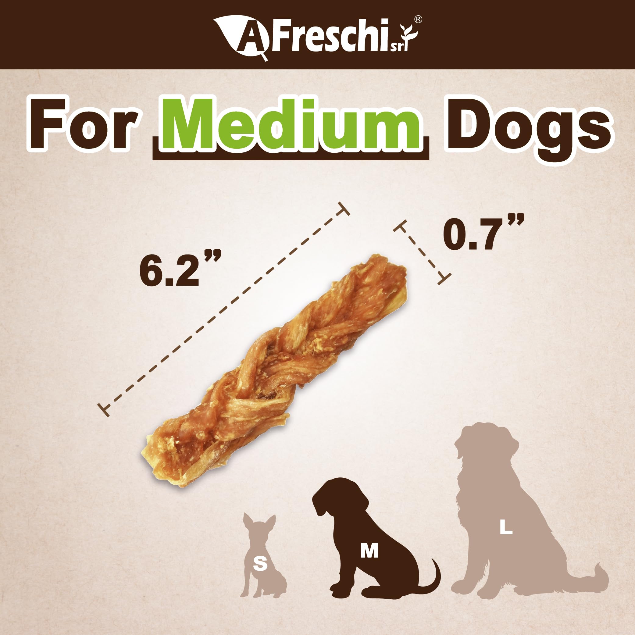 A Freschi srl Turkey Tendons for Dogs - Healthy, Rawhide-Free Chews, 6 Count Pack Braid for Medium Breeds
