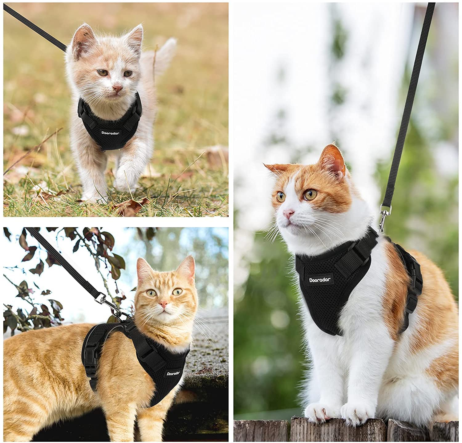 Dooradar Cat Harness And Leash Set, Escape Proof Safe Adjustable Kitten Vest Harnesses For Walking, Easy Control Soft Breathable Mesh Jacket With Reflective Strips For Cats, Black, S