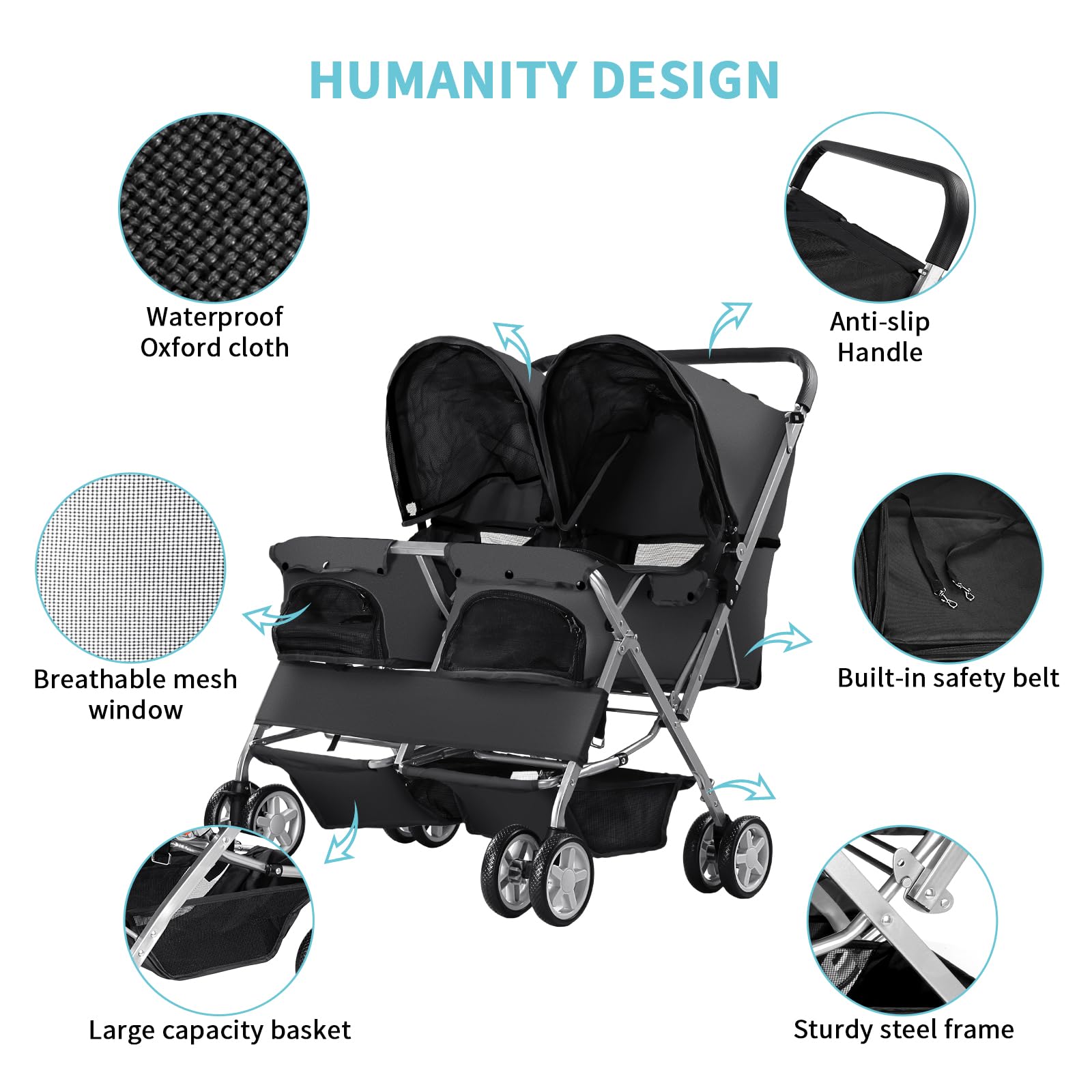 Double Pet Stroller, Foldable Stroller For 2 Dogs & Cats, Two-Seater Carrier Twin Dog Walk Jogger Travel Pet Carriage Cart With