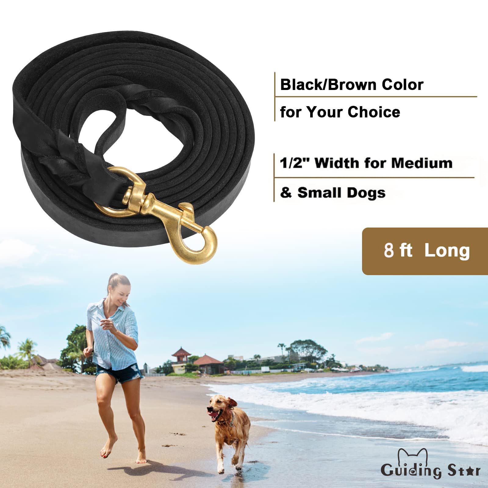 Guiding Star Leather Dog Leash 8ft, Dog Leashes for Dogs Heavy Duty, Soft Braided Handmade Leather Training Leash for Small & Me