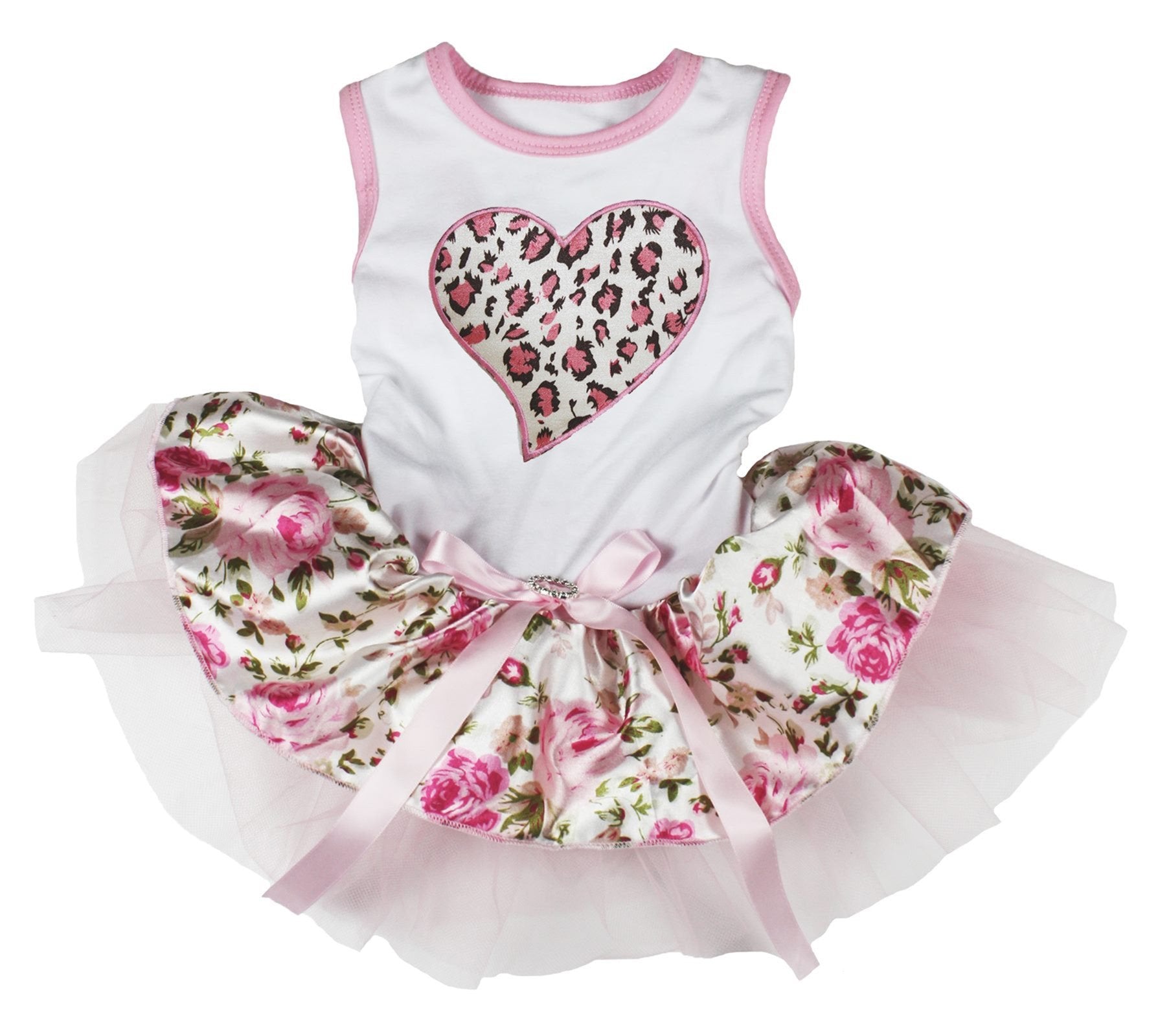 Petitebella Pink Leopard Heart Puppy Dog Dress (White/Pink Floral, Medium)
