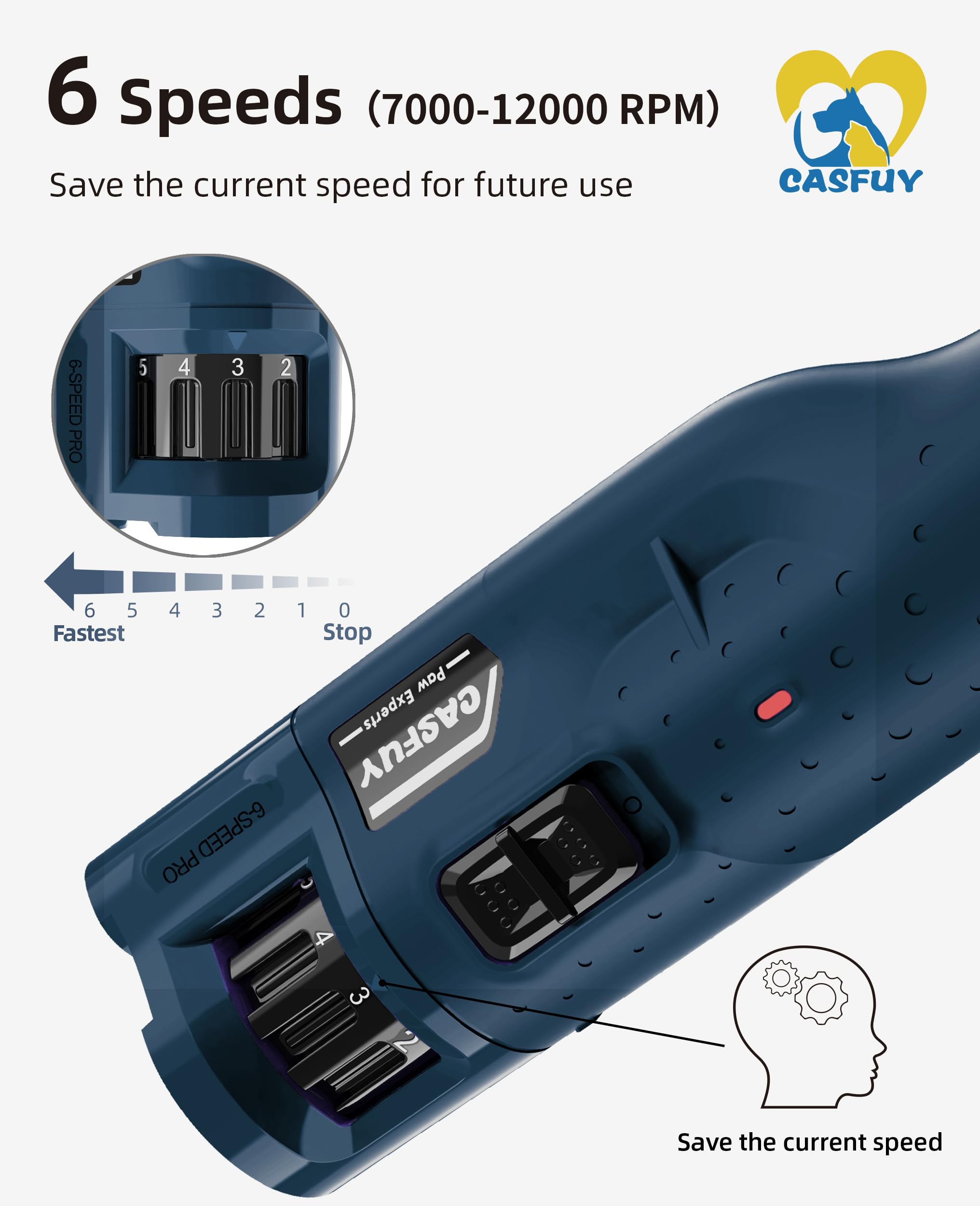 Casfuy Dog Nail Grinder Quiet - (45Db) 6-Speed Pet Nail Grinder With 2 Led Lights For Large Medium Small Puppy Dogs/Cats, Professional 3 Ports Rechargeable Electric Dog Nail Trimmer With Dust Cap