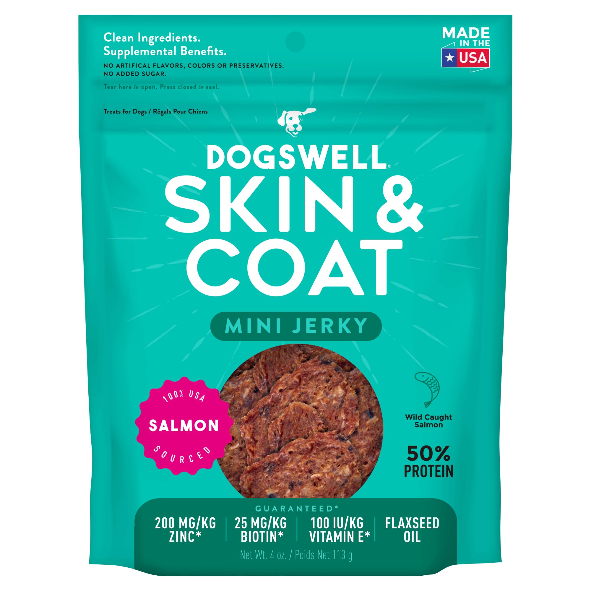 Dogswell Jerky Skin and Coat - Mini Salmon Jerky Dog Treats with Dog Skin & Coat Support (4 oz. Salmon)