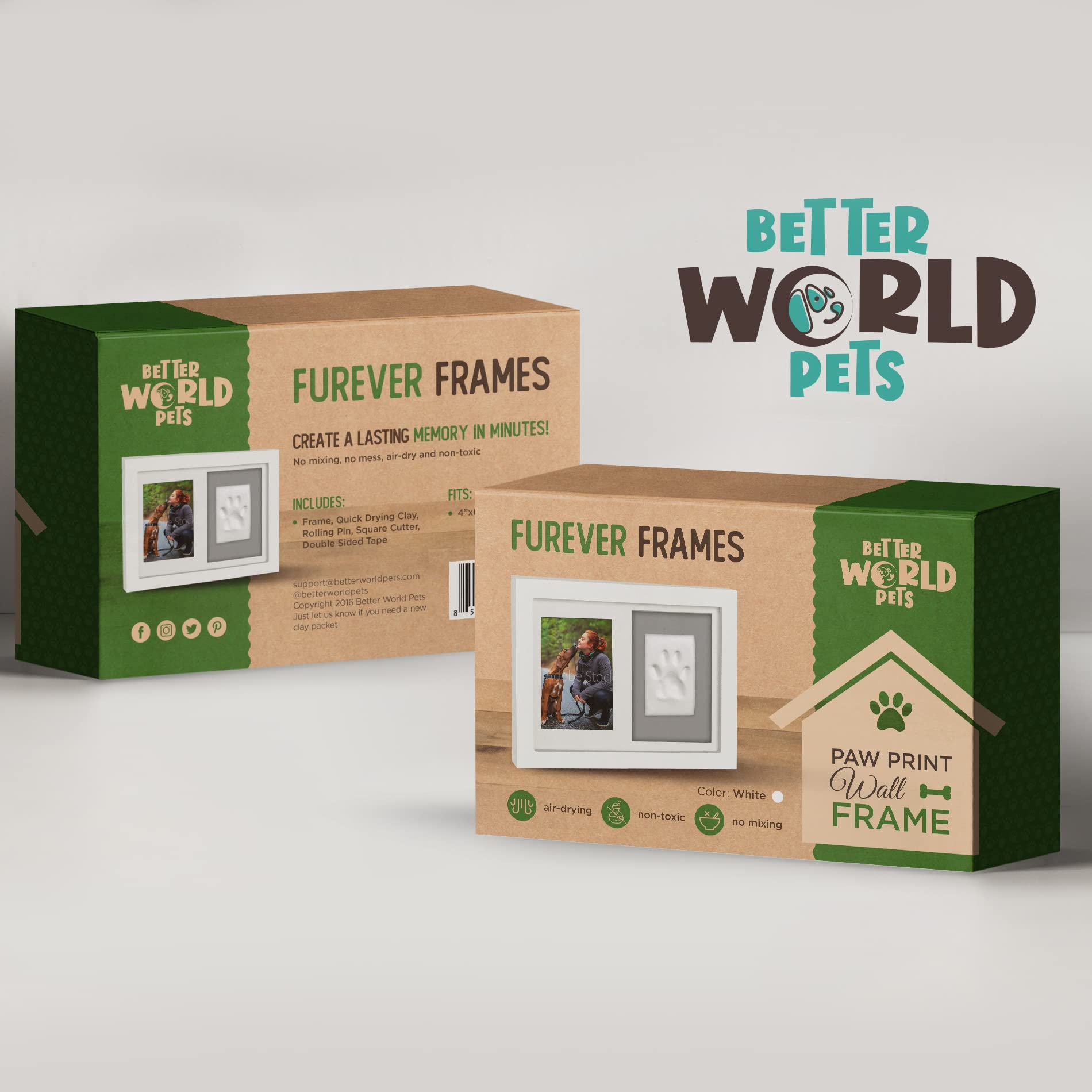 Better World Pets Paw Print + Photo Keepsake Frame Holds 4 X 6 Inch Picture – Memorial Clay Imprint Kit – For Dogs And Cats – Perfect For Pet Lovers – Wall Mount, White