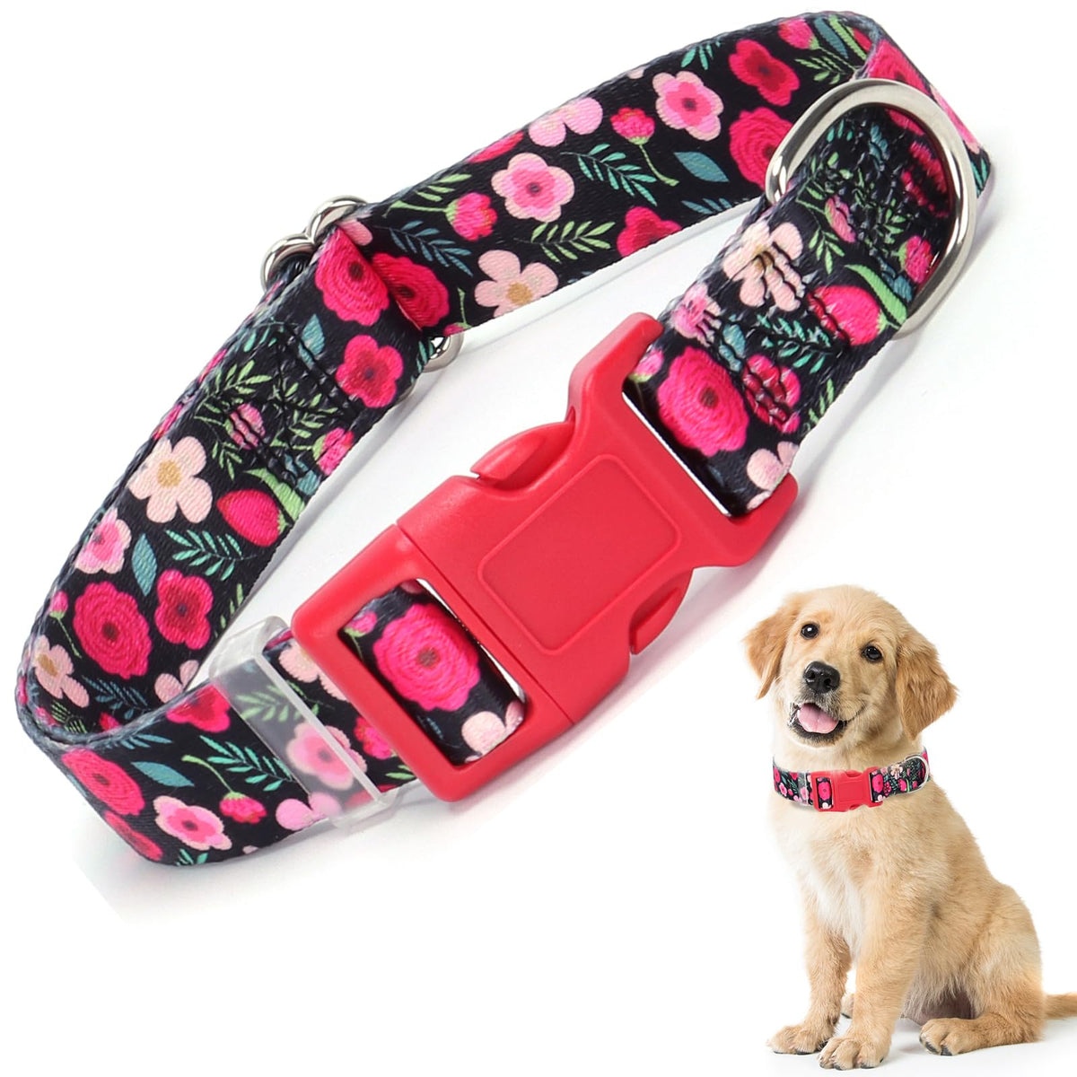 Girl Dog Collar With Red Flowers, Cut Female Dog Collar With Quick Release Buckle & Adjustable Comfy Pet Collar For Xs Small Med