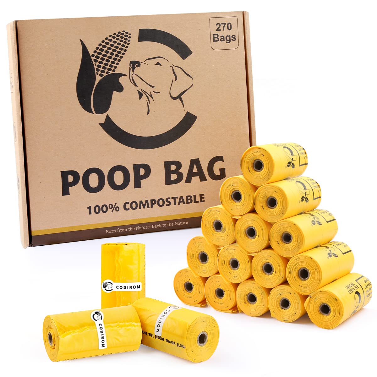 Codirom Certified Compostable Dog Poop Bags, 270 Count Eco Friendly And Leakproof Dog Waste Bags, Easy Open 100% Maize Yellow Poop Bag For Dog, 15 Doggy Bags Per Roll (18 Rolls)