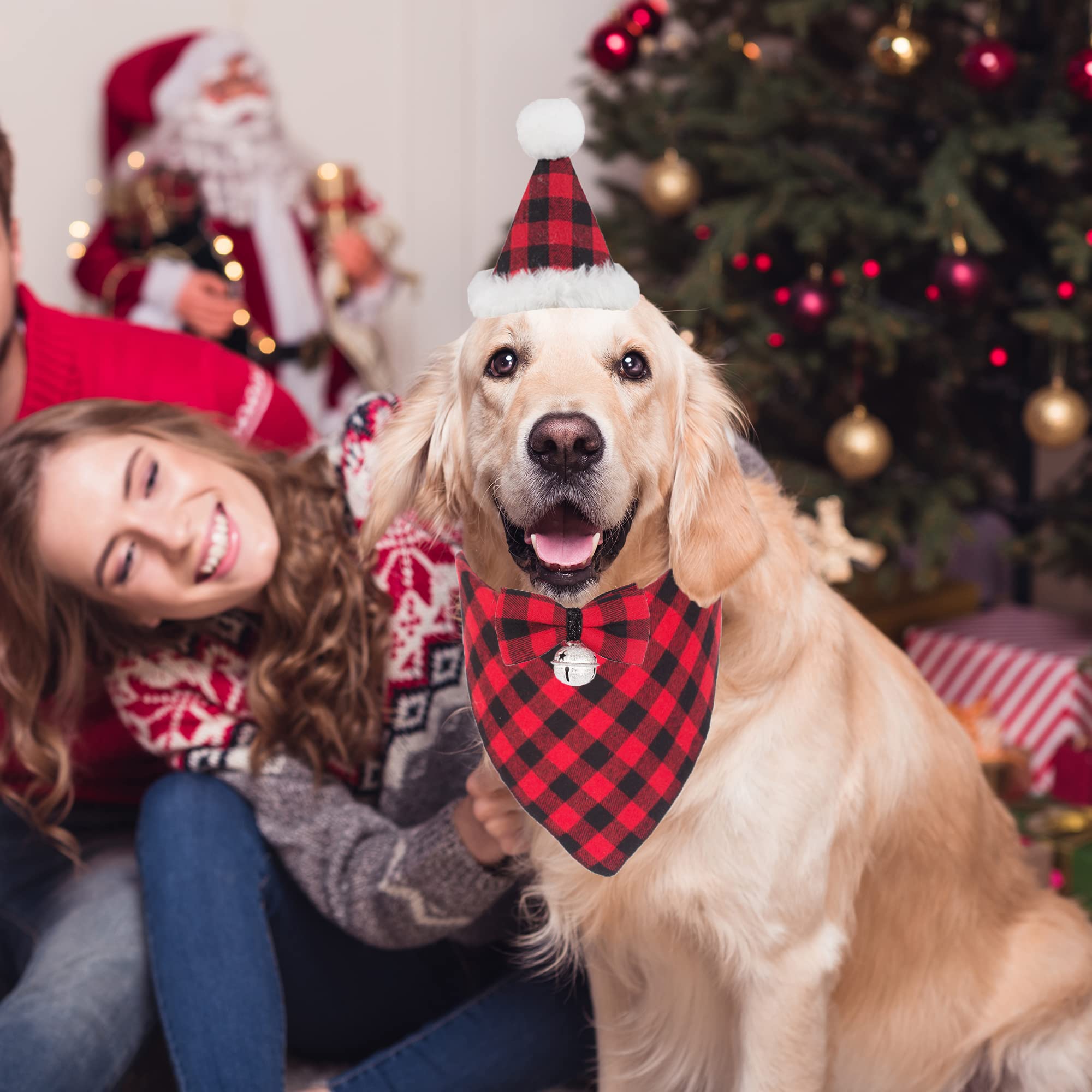 ADOGGYGO Christmas Dog Bandana Hat Bow tie Set - Classic Red Plaid Pet Xmas Scarf Hat Christmas Costume Outfit for Large X-Large