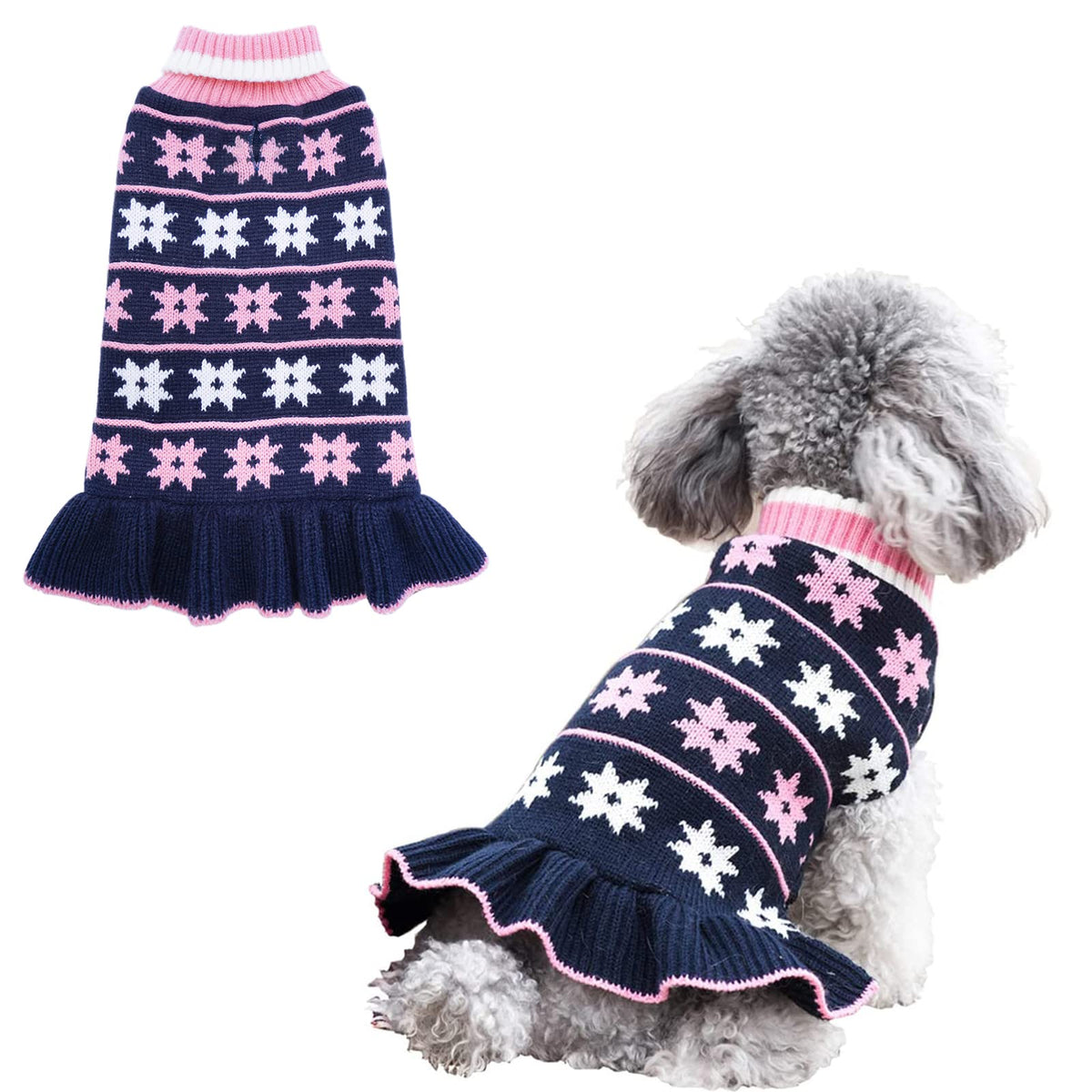 Kyeese Dog Sweater For Small Dogs Fall Winter Dog Clothes Warm Dog Coats Turtleneck Knit Dog Sweater With Leash Hole Cute Dog Sweater Dress With Classic Snow Flake Pattern, Girl Navyblue, X-Small