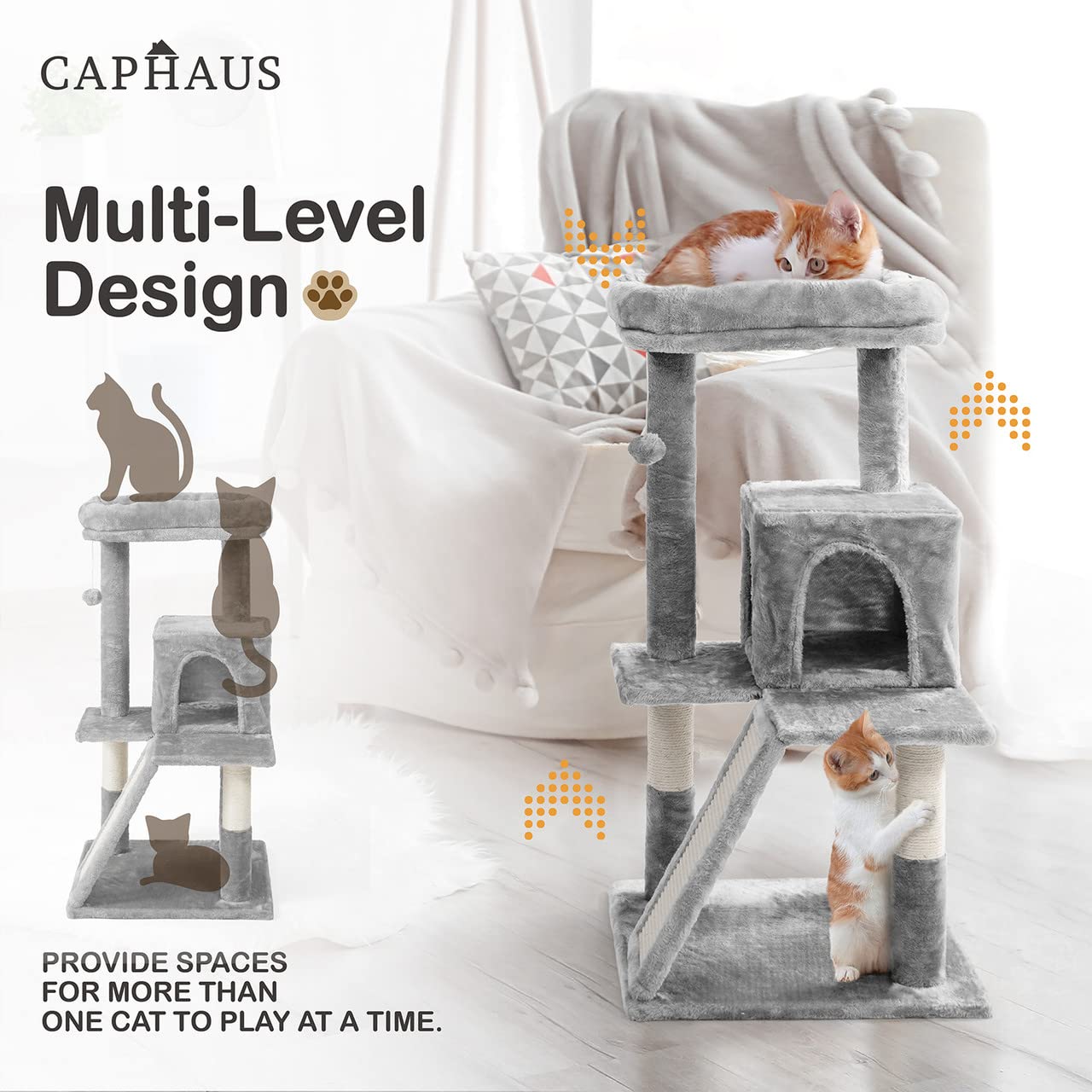 Caphaus Cat Tower For Indoor Cats, Modern Cute 37-Inch Small Cat Tree With Widened Perch For Large Cats Kittens, Multi-Level Cat