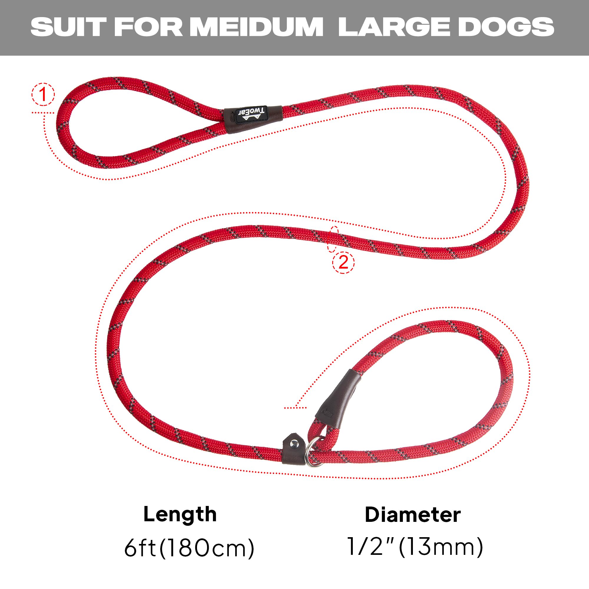 Twoear Dog Leash Dog Slip Rope Leash 1/2 '' X 6Ft Dog Training Leash Heavy Duty Strong Slip Lead Highly Reflective Threads For S