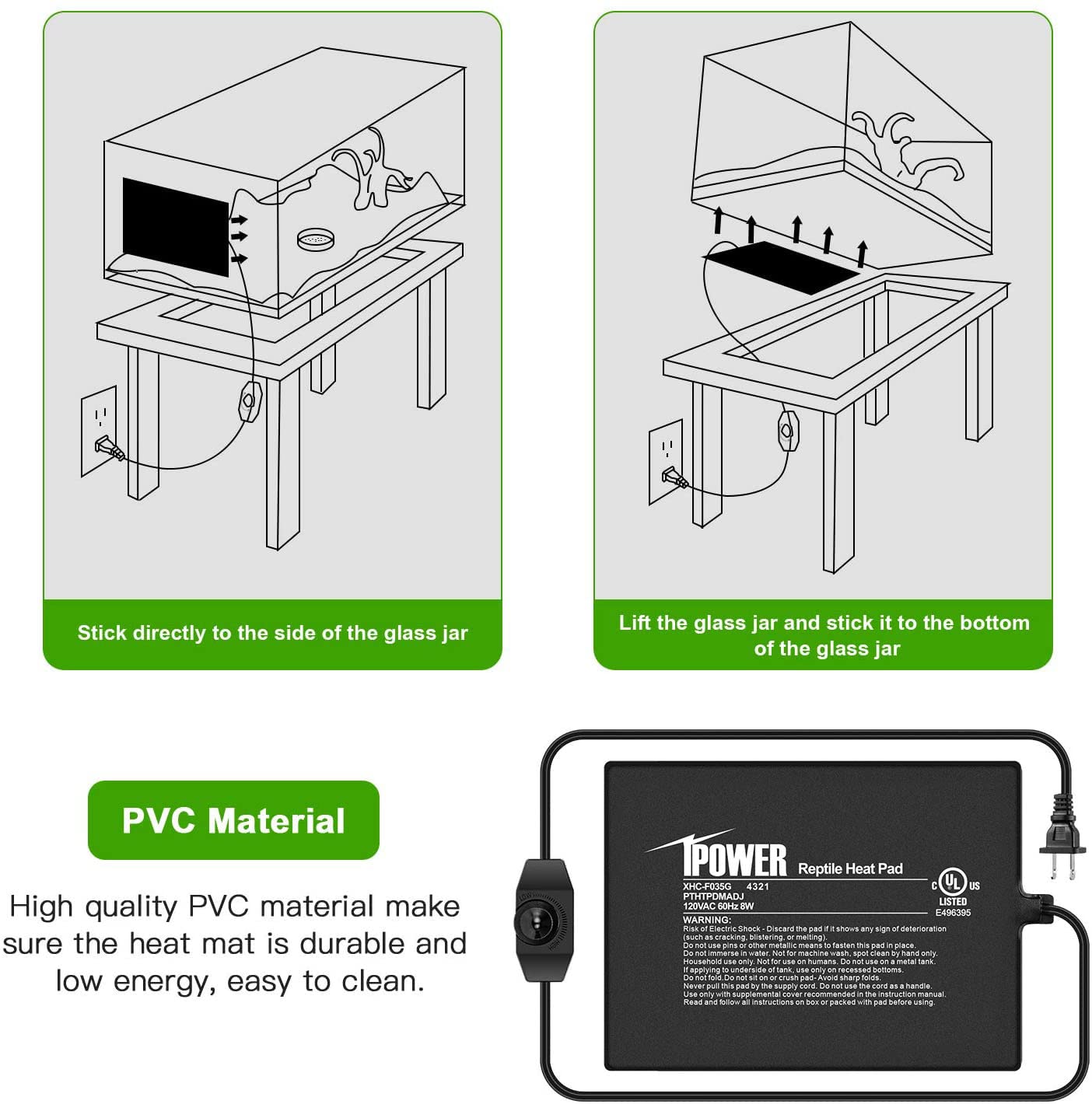 Ipower 6 By 8-Inch 8 Watts Reptile Heating Mat With Temperature Controller Under Tank Warmer Terrarium Heat Pad For Reptiles And Amphibians, Black
