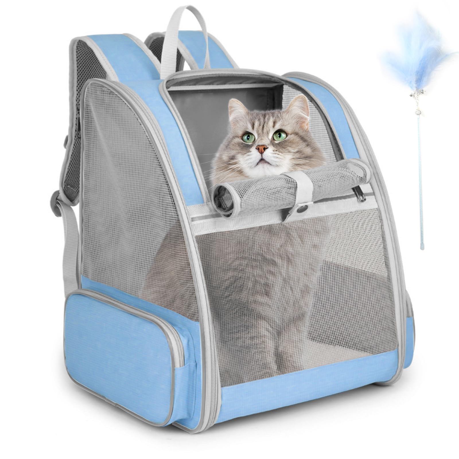 Cat Backpack Carrier, Large Pet Backpack With Kitten Wand Feather Toy For Medium Small Dog Cat Puppy Kitty Bunny Up To 15Lbs, Ve