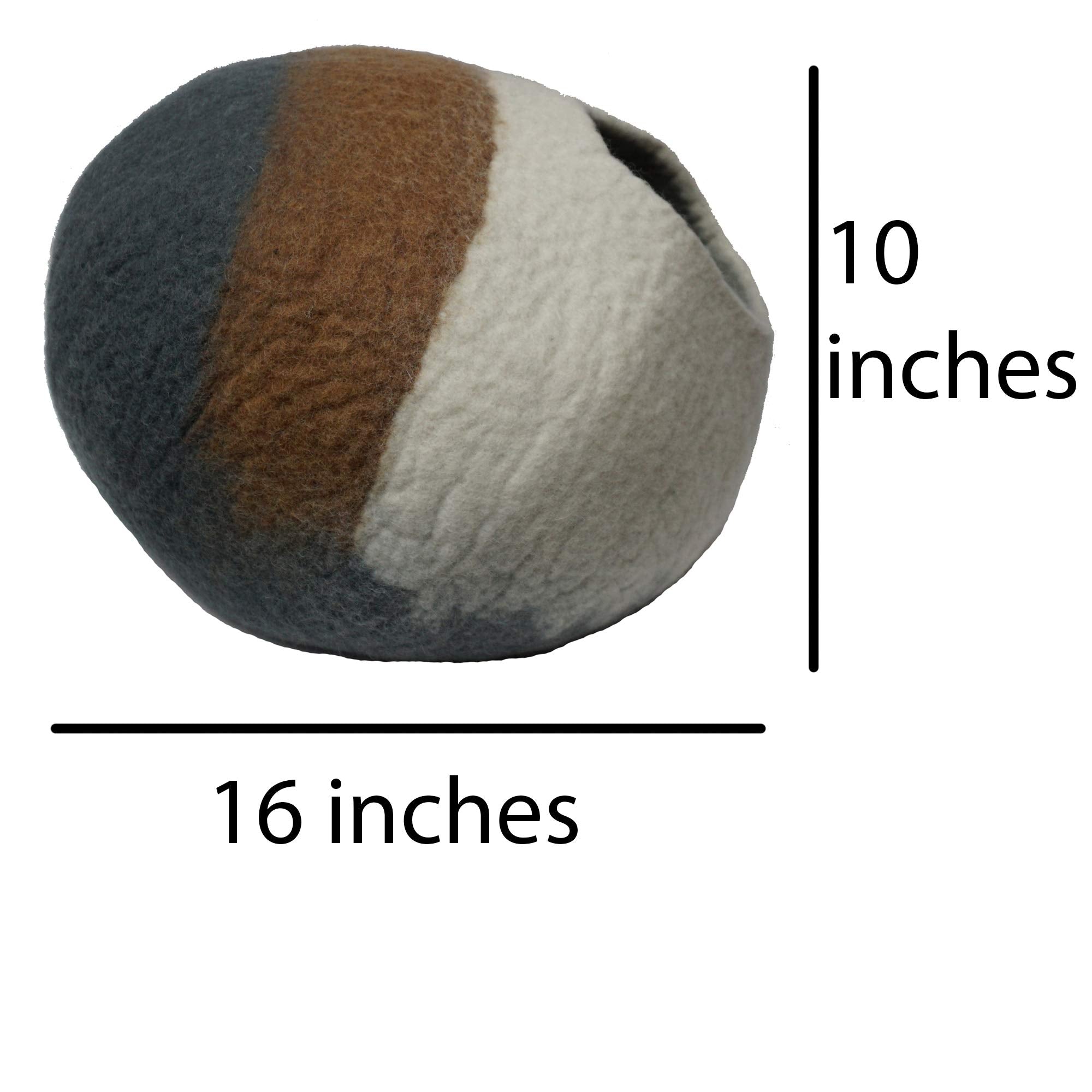 Mokoboho 100% Wool Felt Cat Cave Bed Handmade In Nepal With Free Mouse Toy Included (Gray/Tan/Cream)