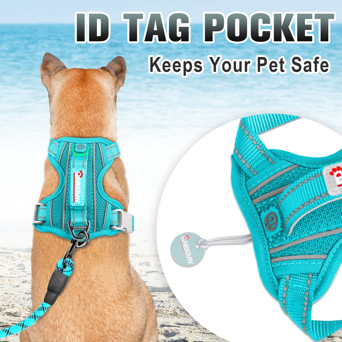 Barkbay No Pull Dog Harness Large Step In Reflective Dog Harness With Front Clip And Easy Control Handle For Walking Training Running With Id Tag Pocket(Ocean Blue,L)