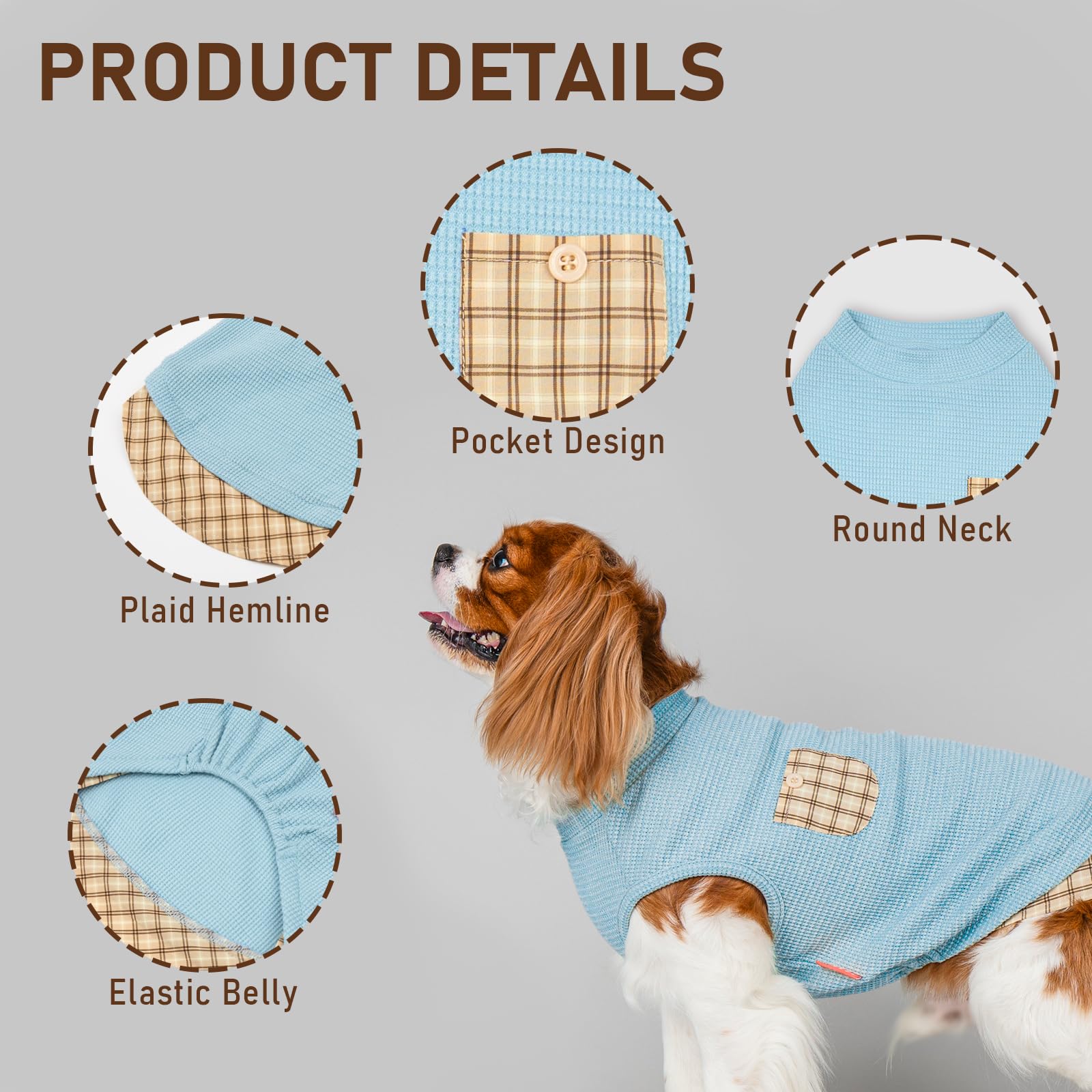 Kyeese Waffle Dog Shirt, Blue, L-Chest(18), Soft Stretchy, Lightweight, Breathable, Sleeveless, Plaid Patchwork, Small Breeds, R