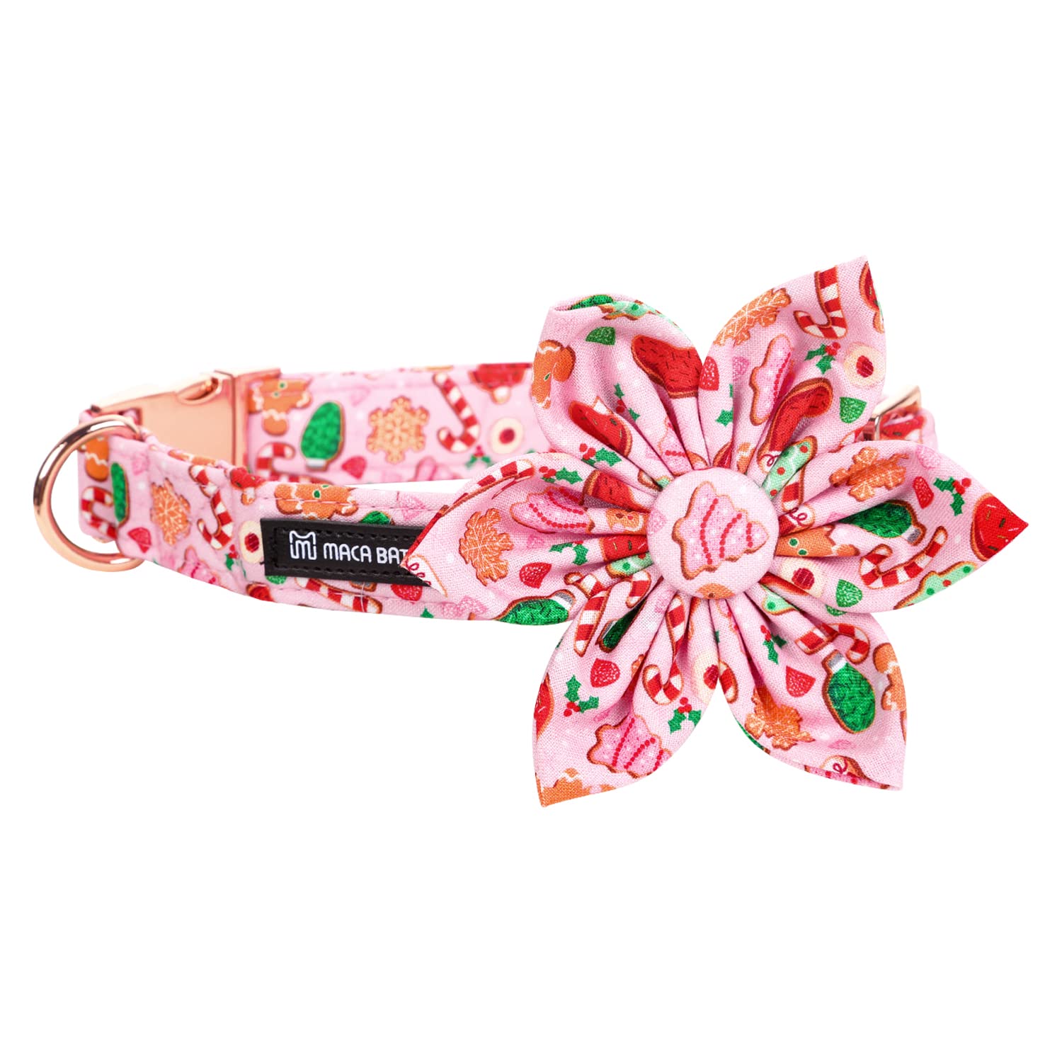 Maca Bates Christmas Pink Dog Collar with Floral Bow Tie for Large Girl Boy Dogs,Cute Gingerbread,Tree Pattern, Breakaway Adjust