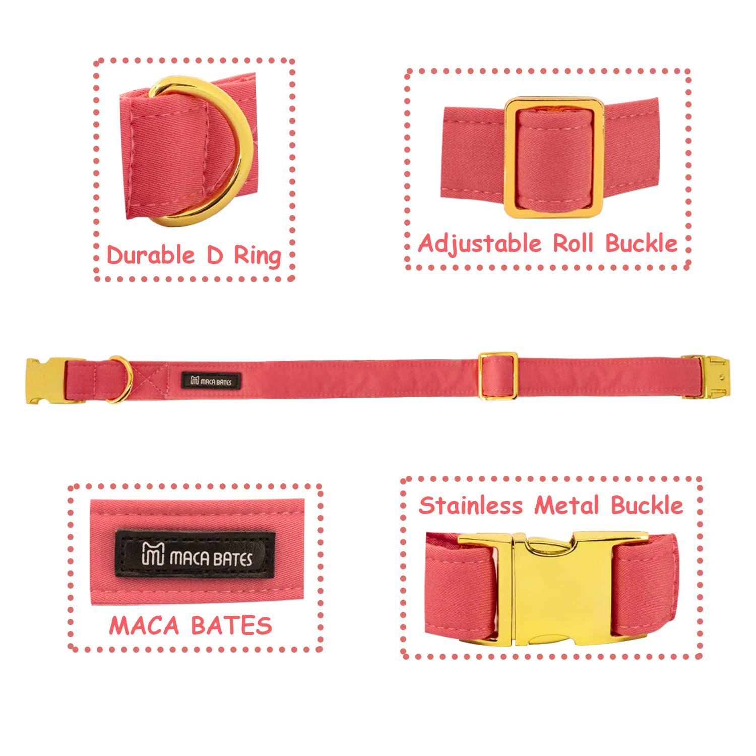 M MACA BATES Adjustable Dog Collar and Leash Set, XS, Metal Buckle, Peach Red for Small Medium Large Dogs