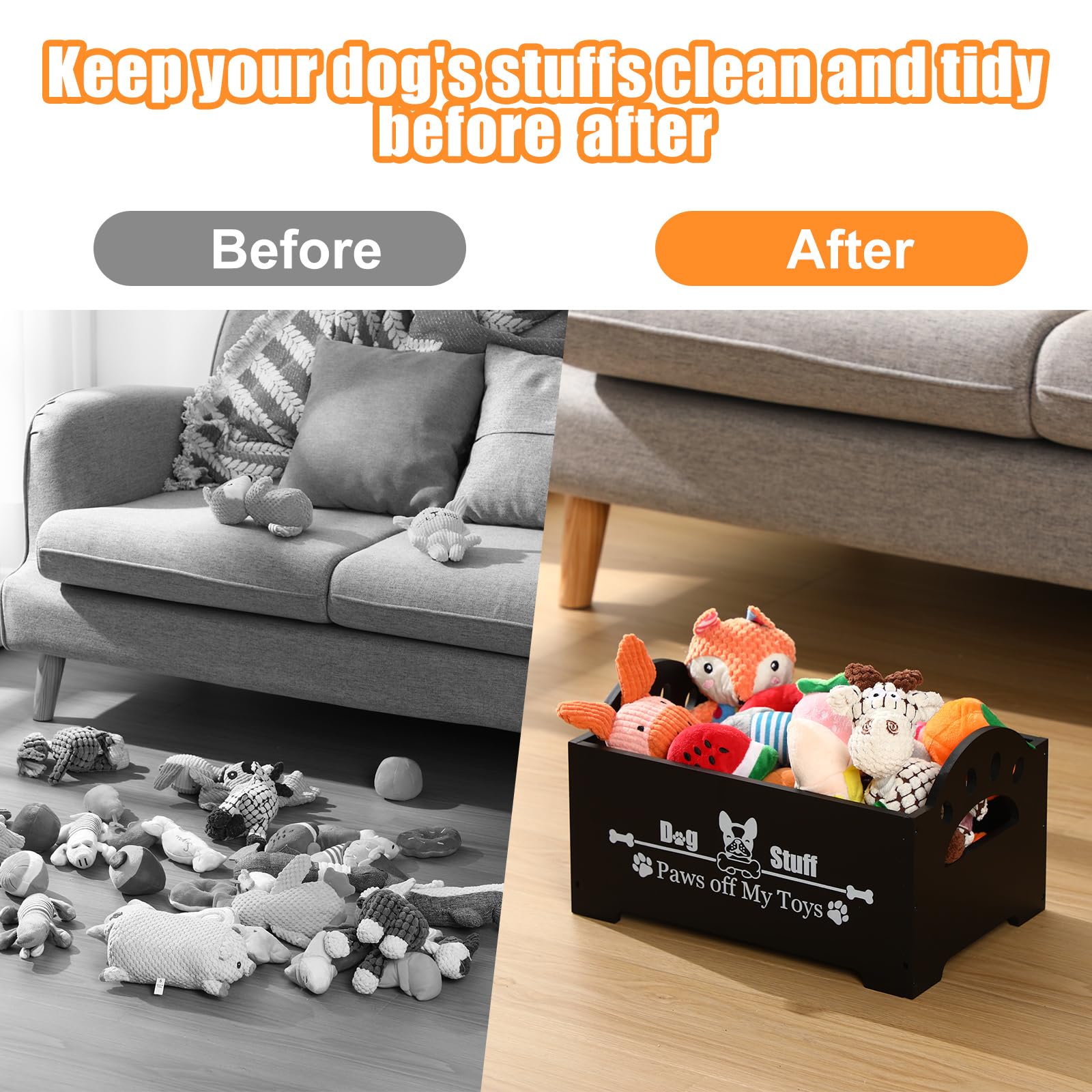 Marsui Wooden Dog Toy Bin Basket with Handle 14x9x8 Inches Large Dog Stuff Storage Box Cute Pet Stuff Organizer for Chew, Blanke