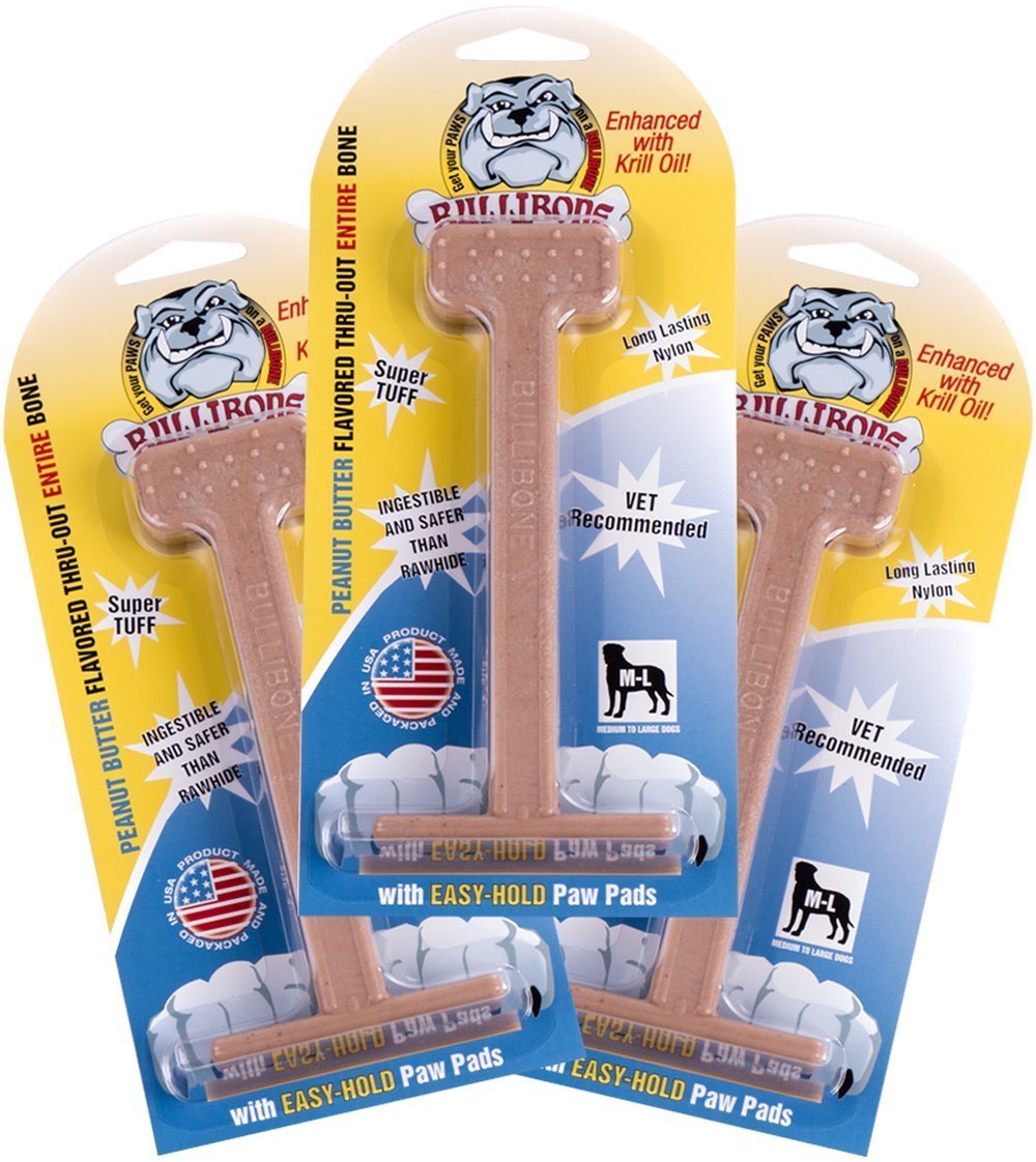 Bullibone Nylon Dog Chew Toy Nylon Bone - Improves Dental Hygiene, Easy To Grip Bottom, And Permeated With Flavor (Peanut Butter, Large - 3 Pack)