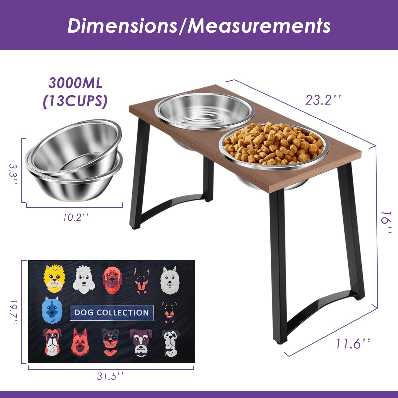 TIDANT Elevated Dog Bowls for X-Large Dogs with Spill Proof Mat 2 X-Large 3000ML(13CUPS) Stainless Steel Dog Bowls, 16.5'' Tall