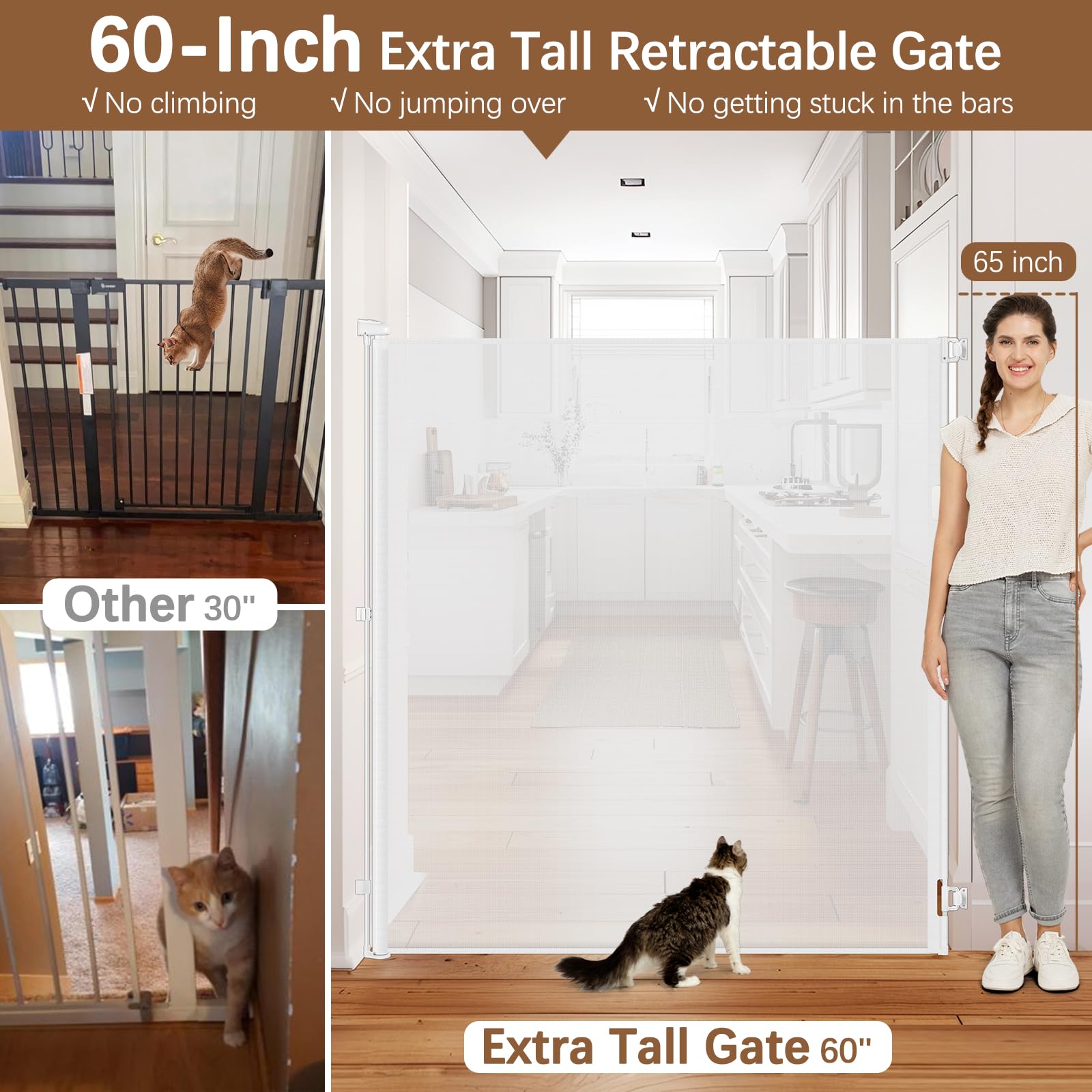 60 Inch Extra Tall Pet Gate Tall Retractable Baby Gate - No Jumping Over, Extends to 55'' Wide Retractable Gate Outdoor Tall Dog