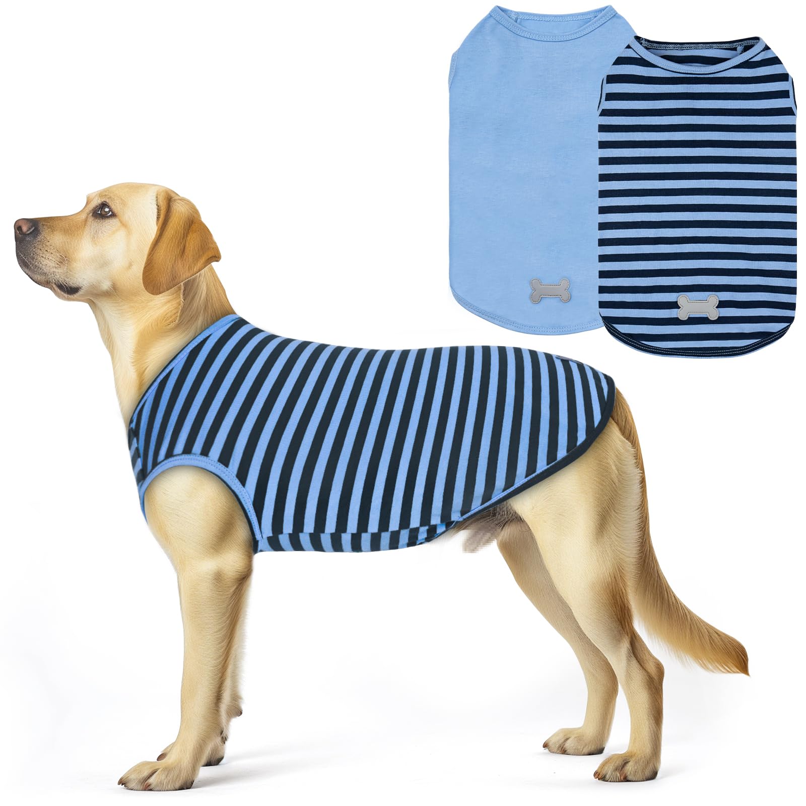 Kyeese 2Pack Dog Shirts Striped T Shirt For Large Dogs Lightweight Clothes Sleeveless Vest Cotton Tank Top, Xxx-Large,Dark Blue+