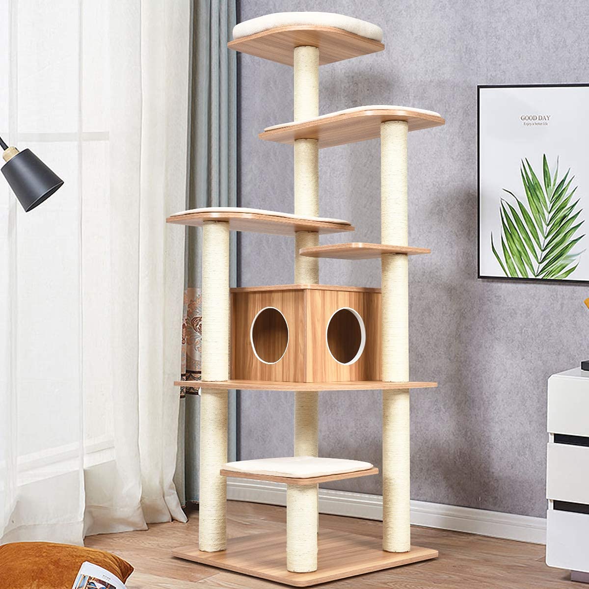 Tangkula Tall Cat Tree, 69-Inch Modern Cat Tower with Sisal Rope Scratching Posts, Wood Cat Tree with Multi-Layer Platform, Cat 
