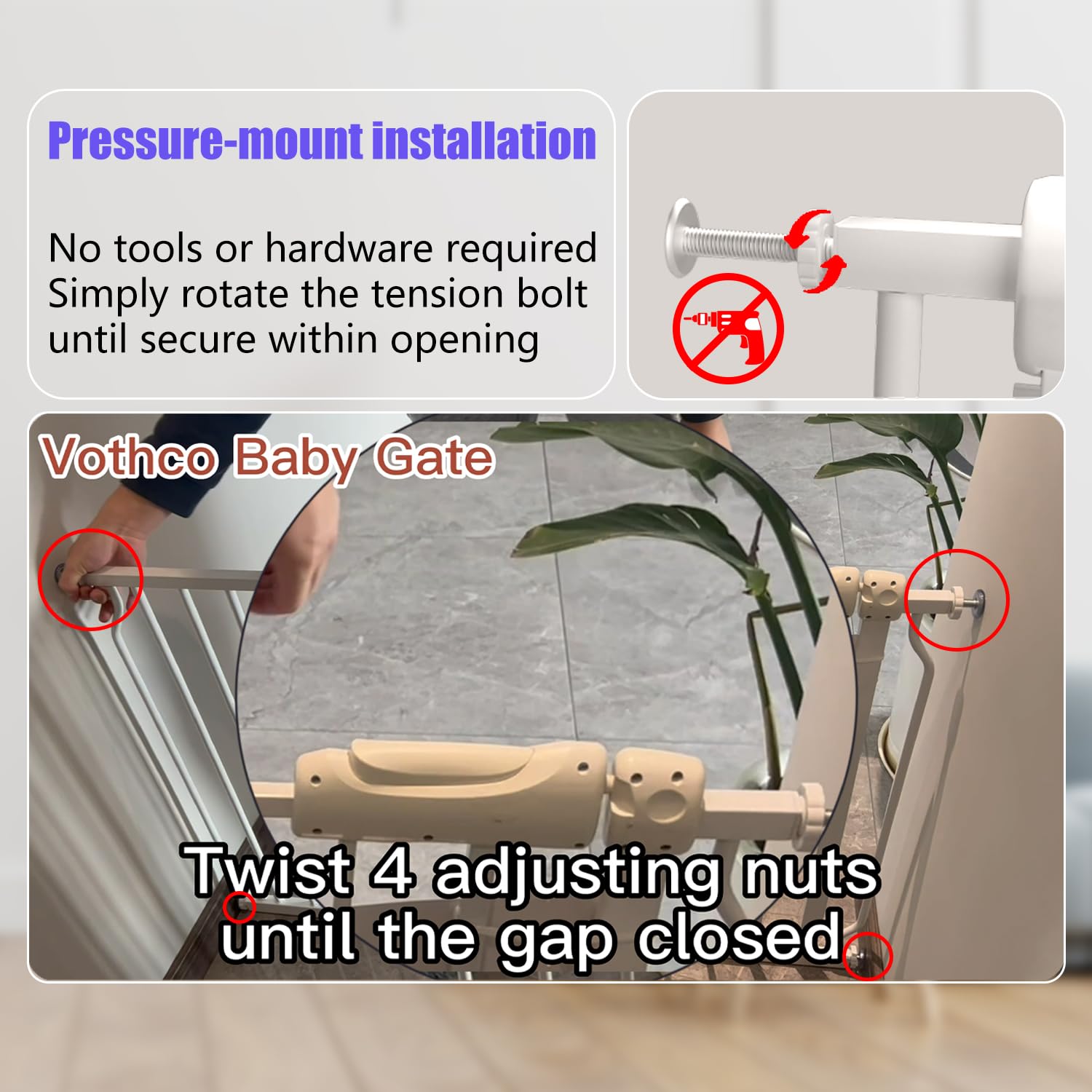 Vothco Extra Wide 67-71.5 Inch Baby Gates for Stairs, Doorways - No Drilling, Pressure Mounted Pet Gates for Kids and Dogs