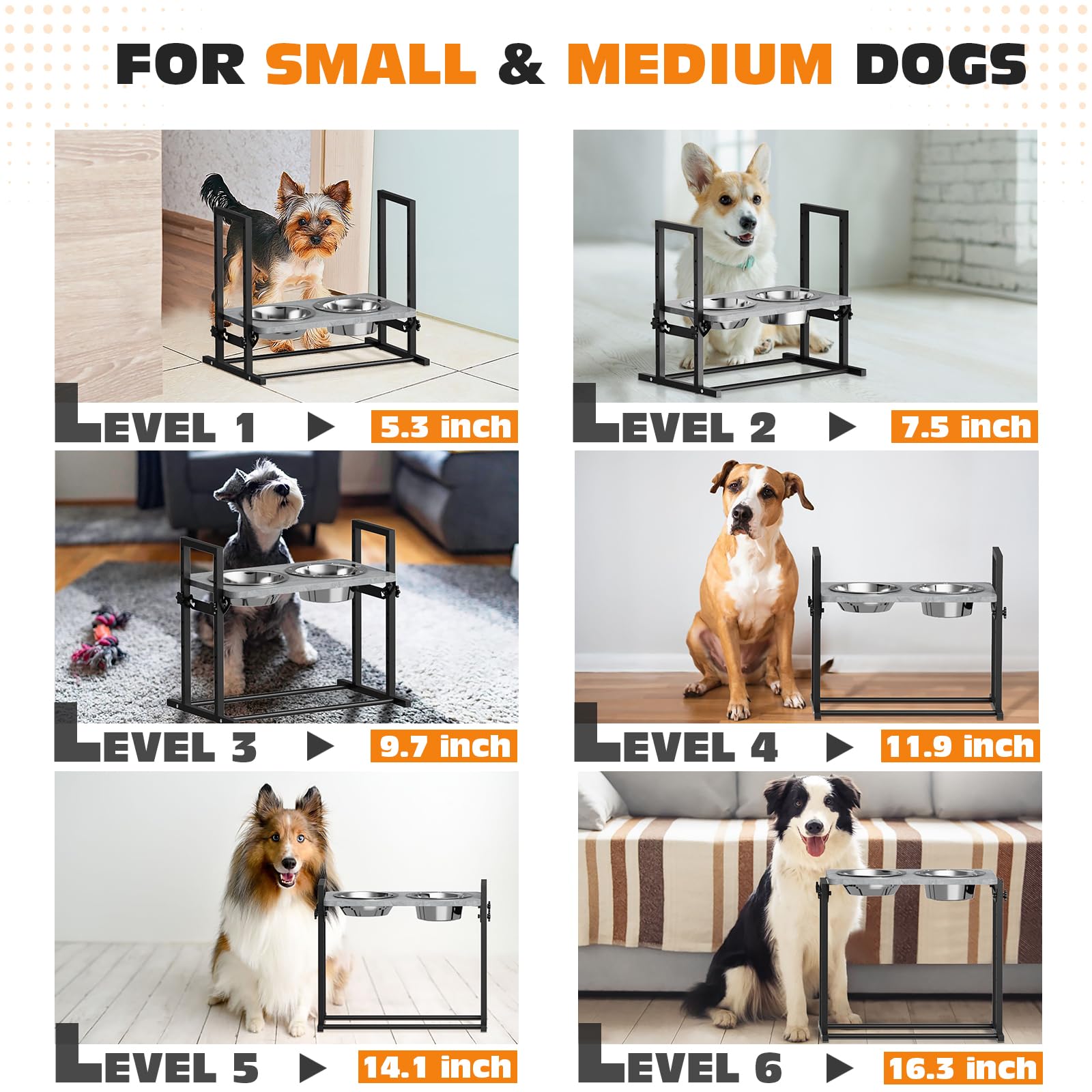 Elevated Dog Bowls For Small Dogs, 6 Heights Adjustable Raised Dog Bowl With Slow Feeder - 3 Stainless Steel Bowl, Tiltable Non-