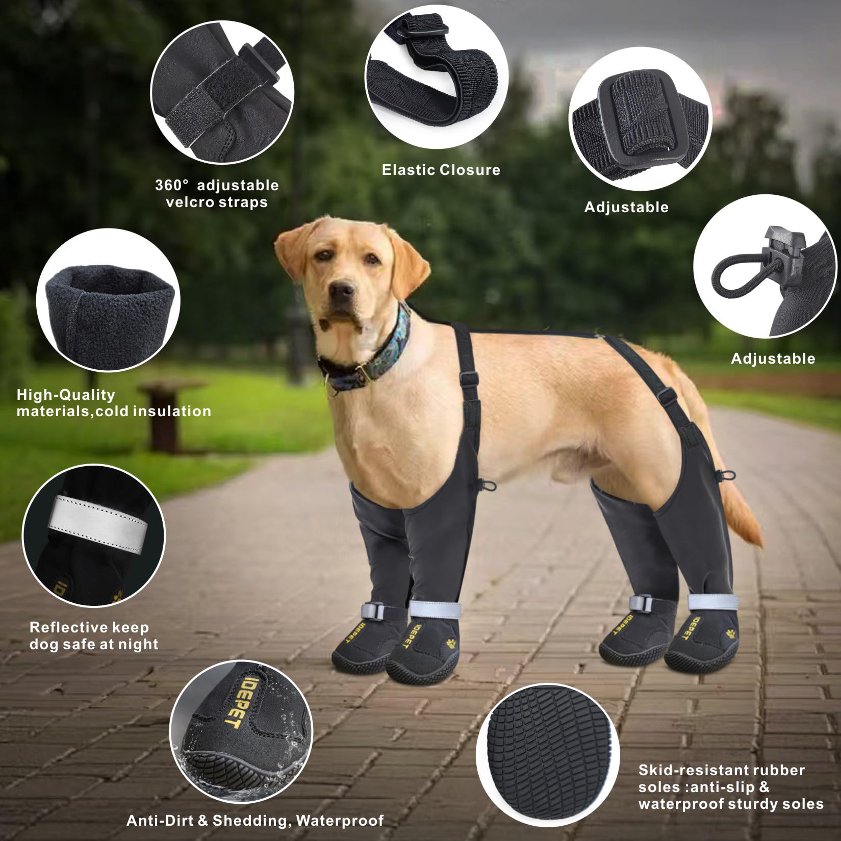 Idepet Dog Suspender Boots, Anti-Slip & Fall Waterproof Tall Dog Shoes Boots Legging for Small Medium Dog, Adjustable Suspender