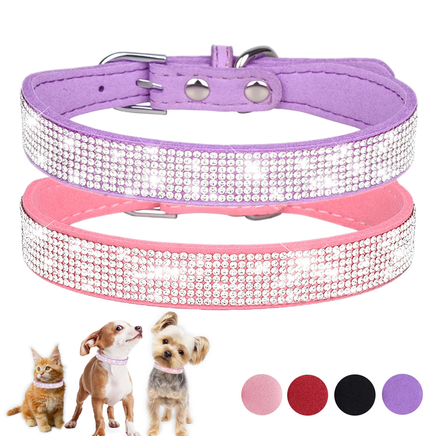 Glitter Dog Collars For Medium Dogs, 2-Pack Pink+Purple Bling Diamond Dog Collar Soft Suede Sparkle Rhinestone Jewelry Crystal F
