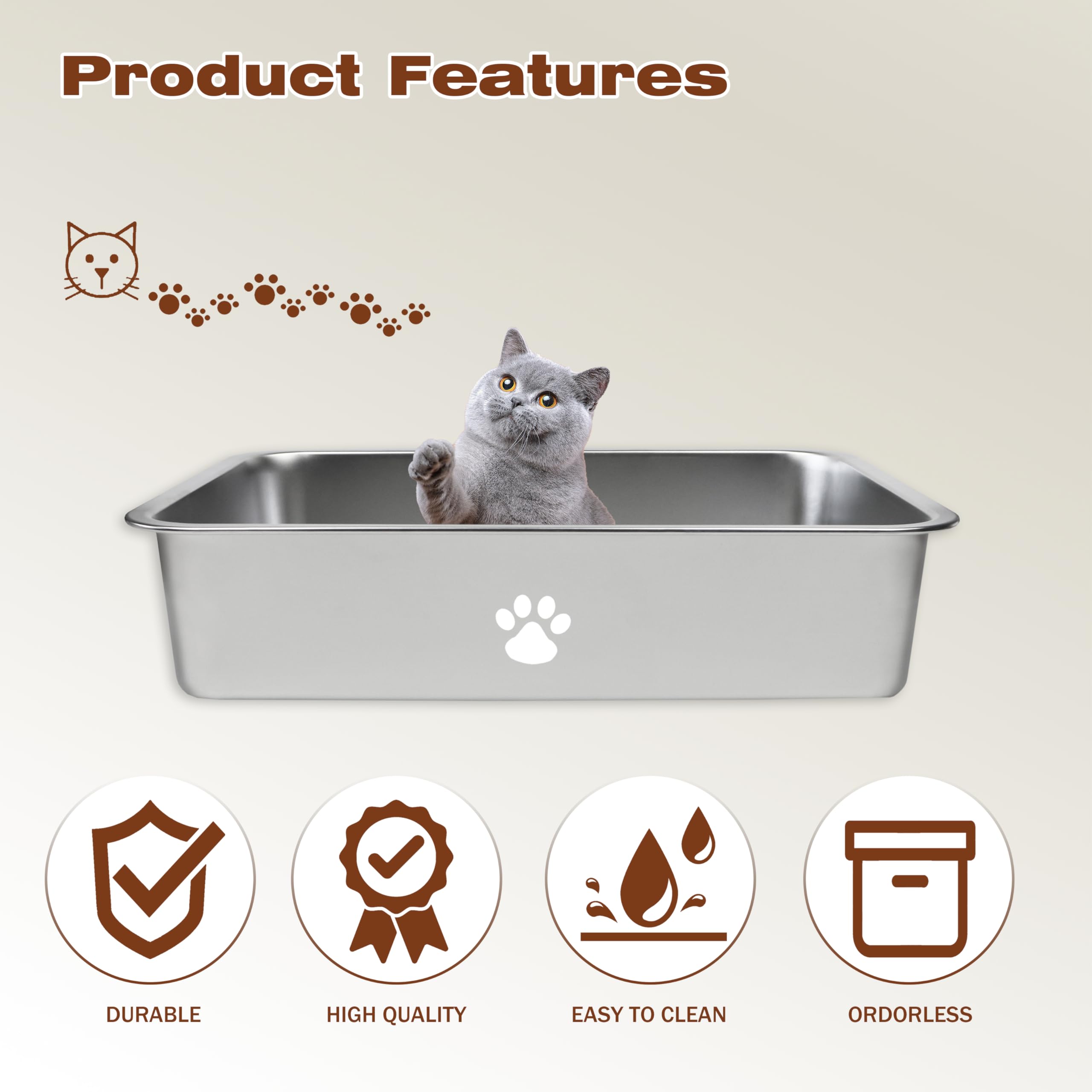 Stainless Steel Cat Litter Box - Metal High Sided Cat Litter Pan,Large Stainless Steel Box,Smooth Surface,Rust Proof,Non-Stick,