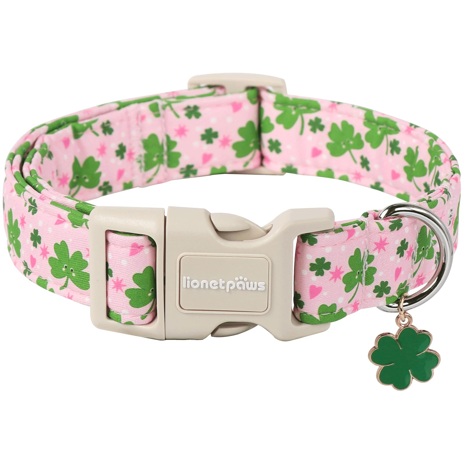 Lionet Paws St. Patrick Dog Collar- Cute Clover Pink Dog Collars With Plastic Buckle, Light Adjustable Dog Collars With Clover P